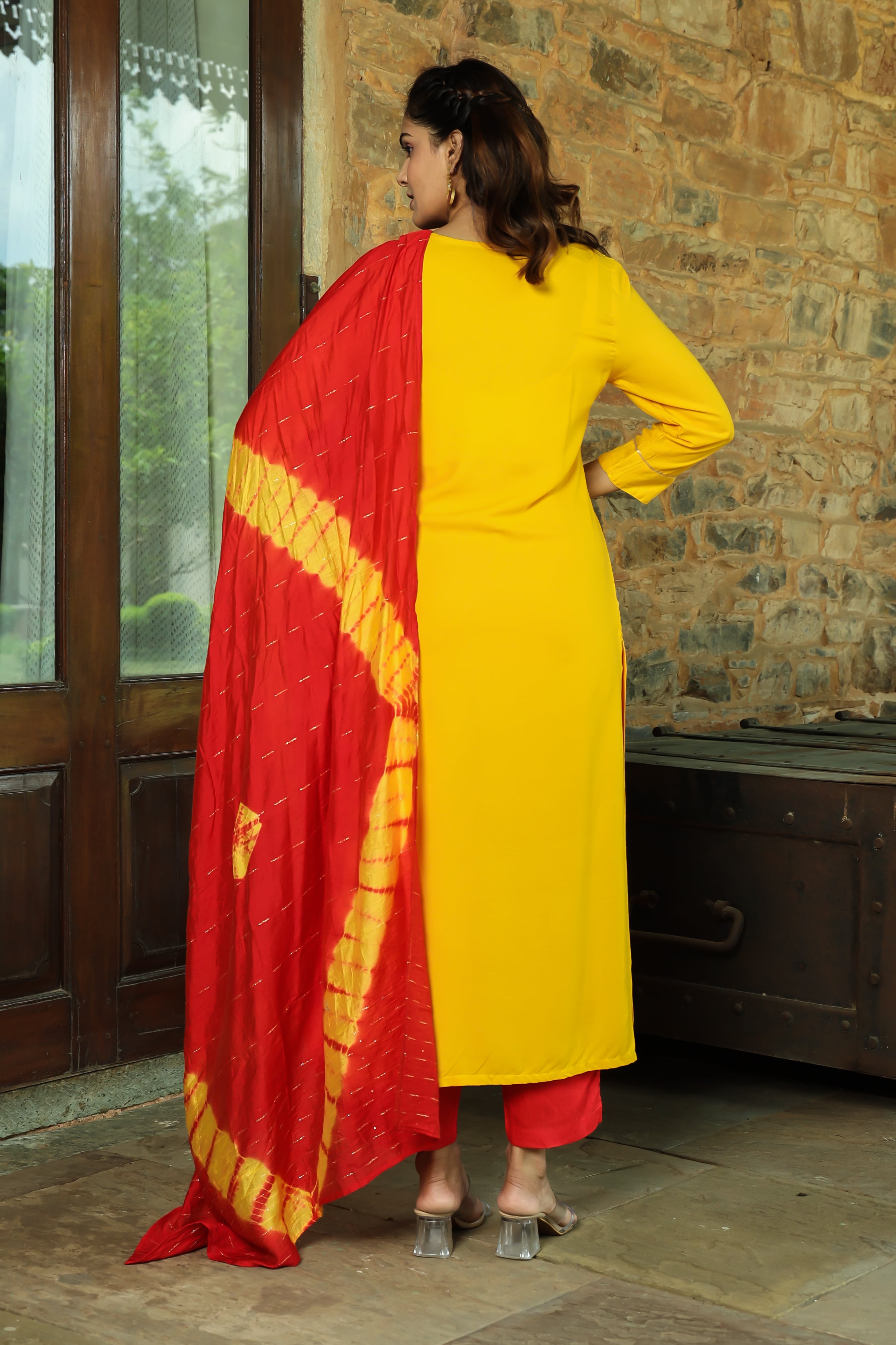 Vibrant Yellow Kurta Set with Red Tie-Dye Dupatta