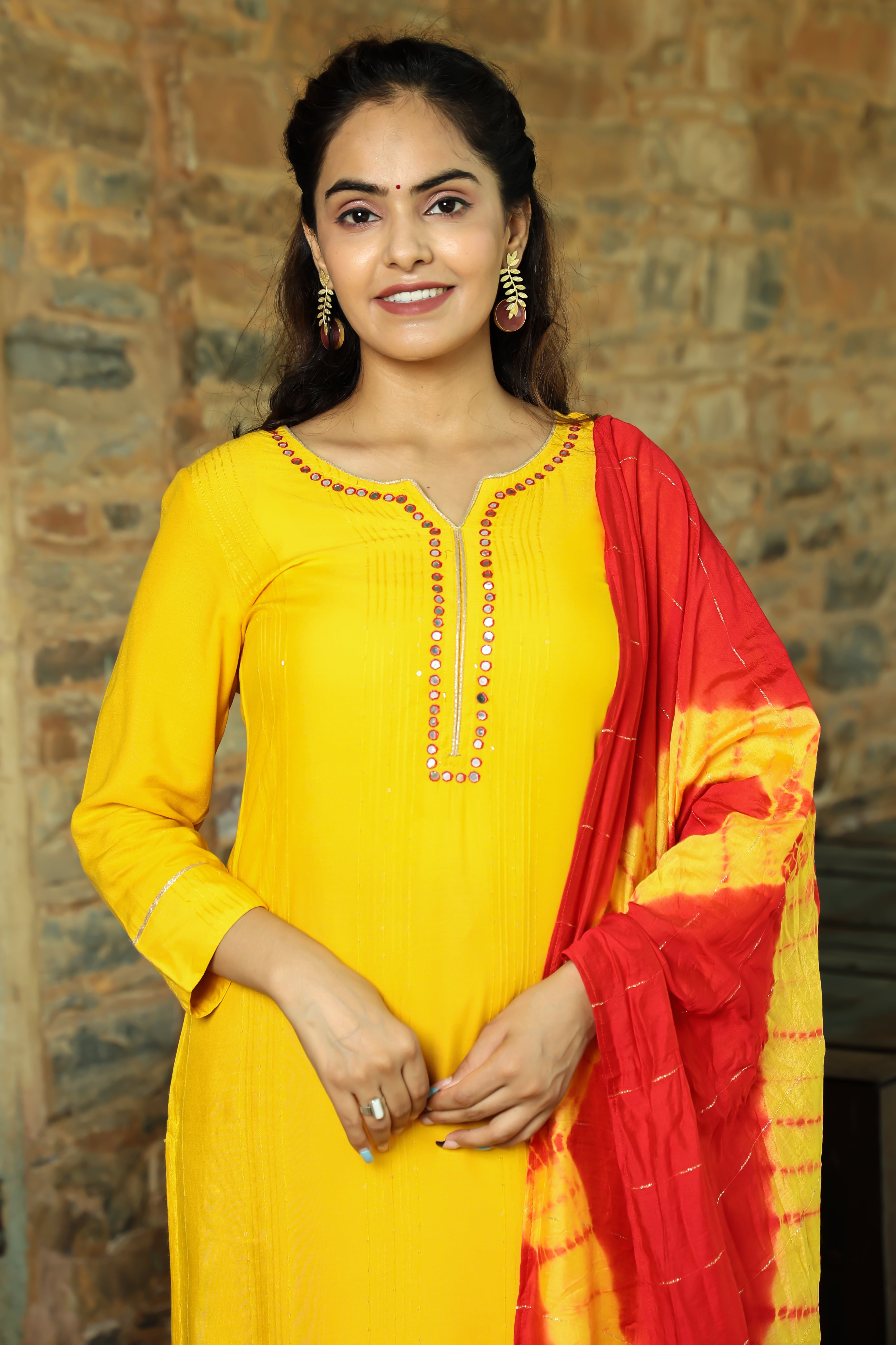 Vibrant Yellow Kurta Set with Red Tie-Dye Dupatta