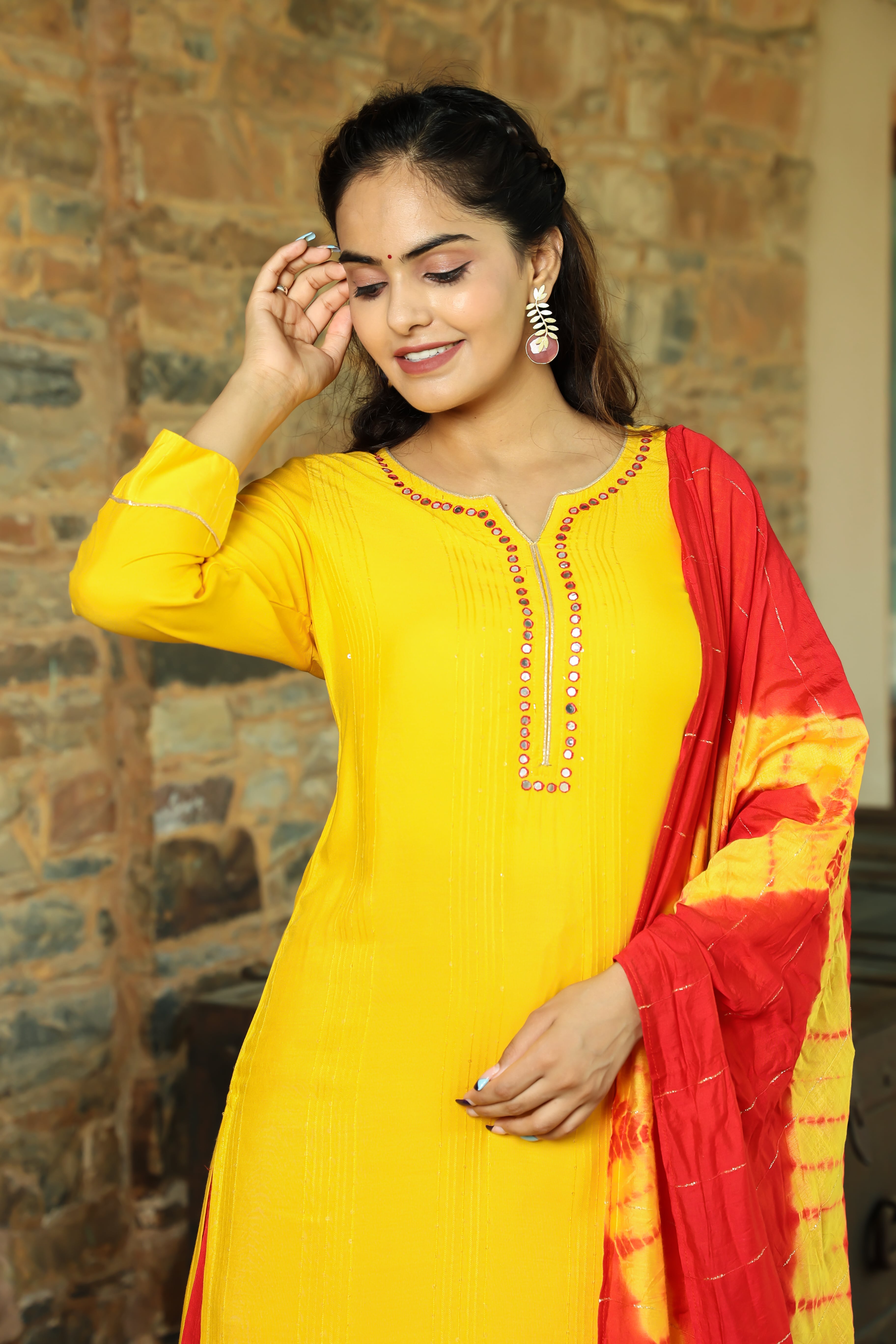 Vibrant Yellow Kurta Set with Red Tie-Dye Dupatta