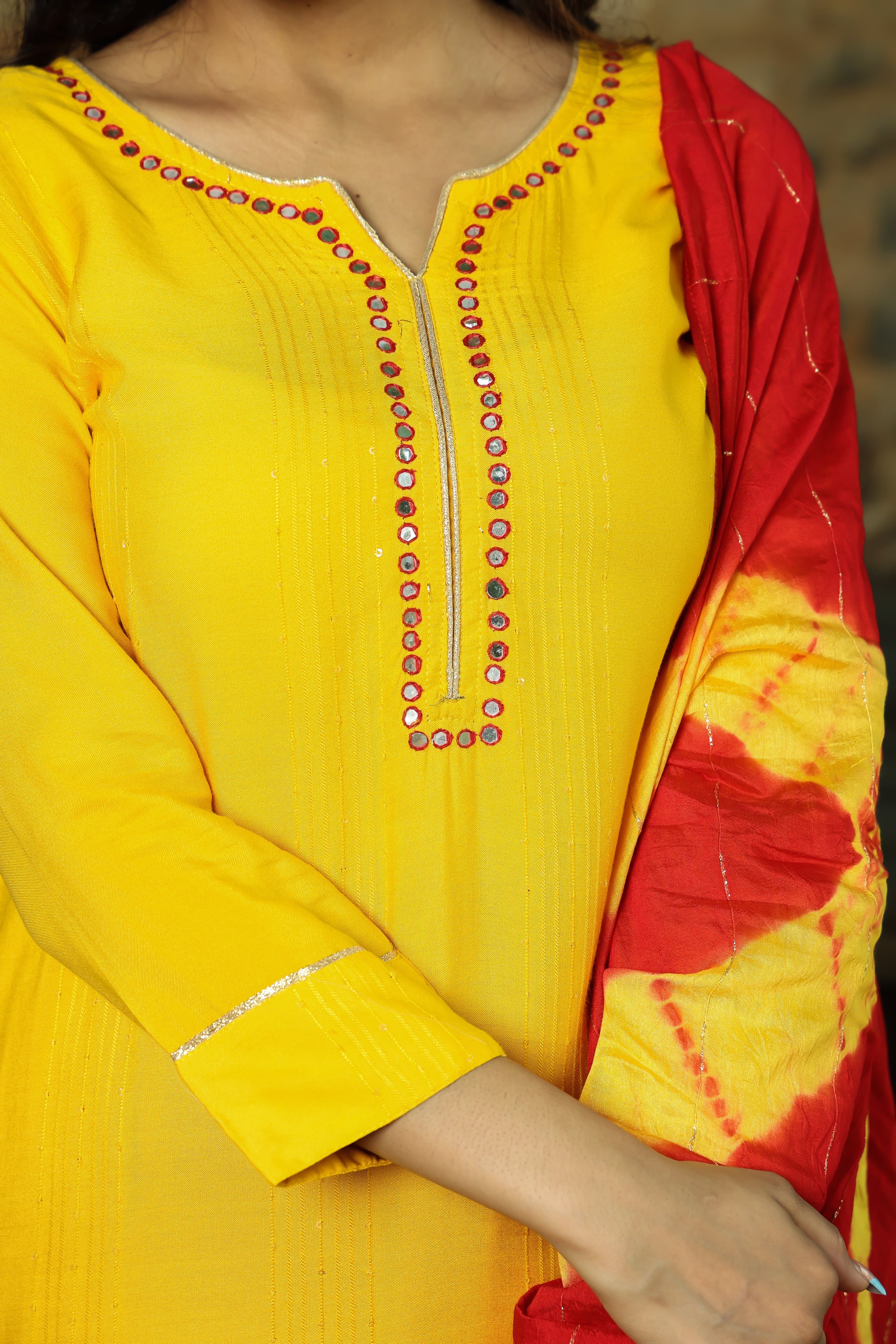 Vibrant Yellow Kurta Set with Red Tie-Dye Dupatta