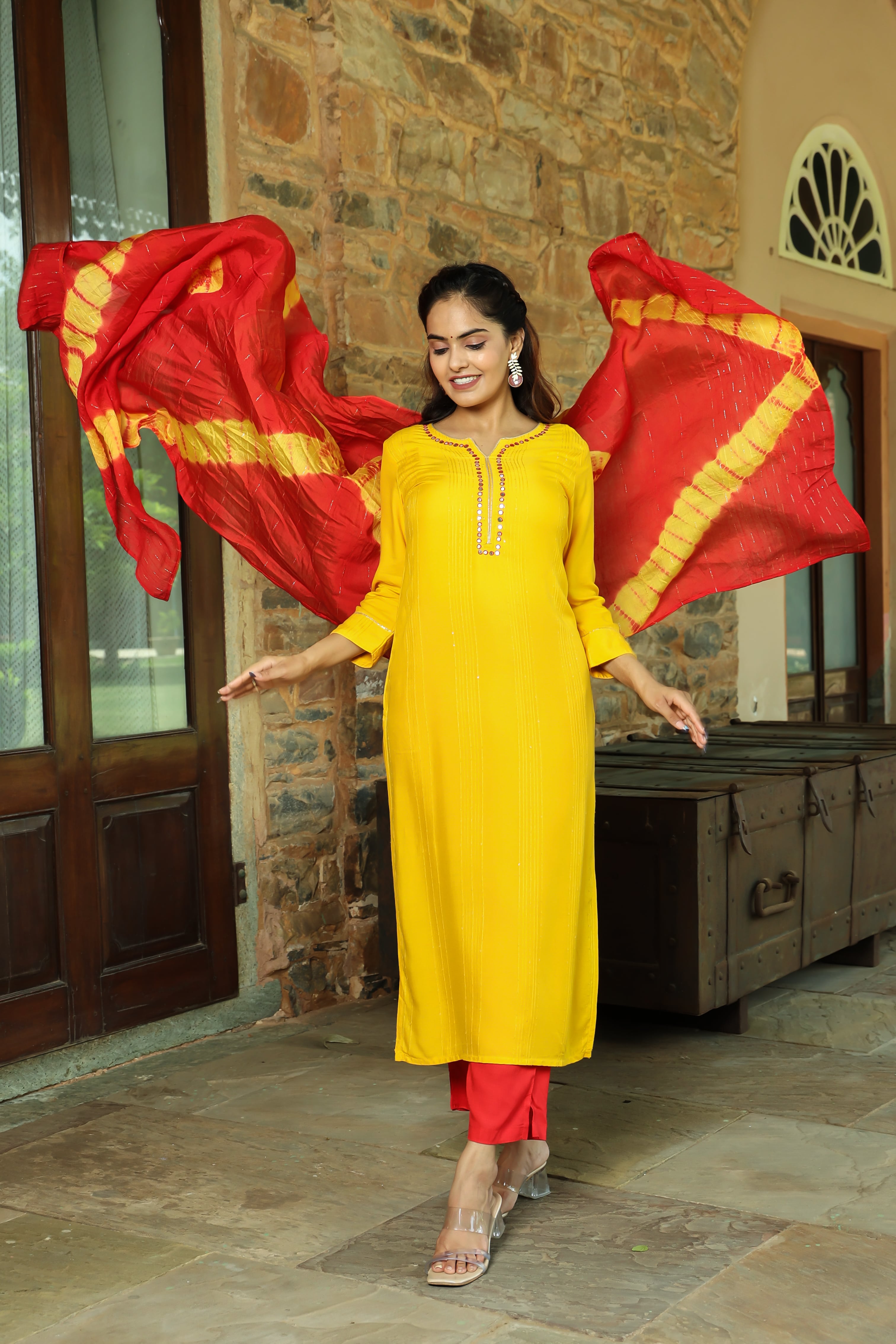 Vibrant Yellow Kurta Set with Red Tie-Dye Dupatta