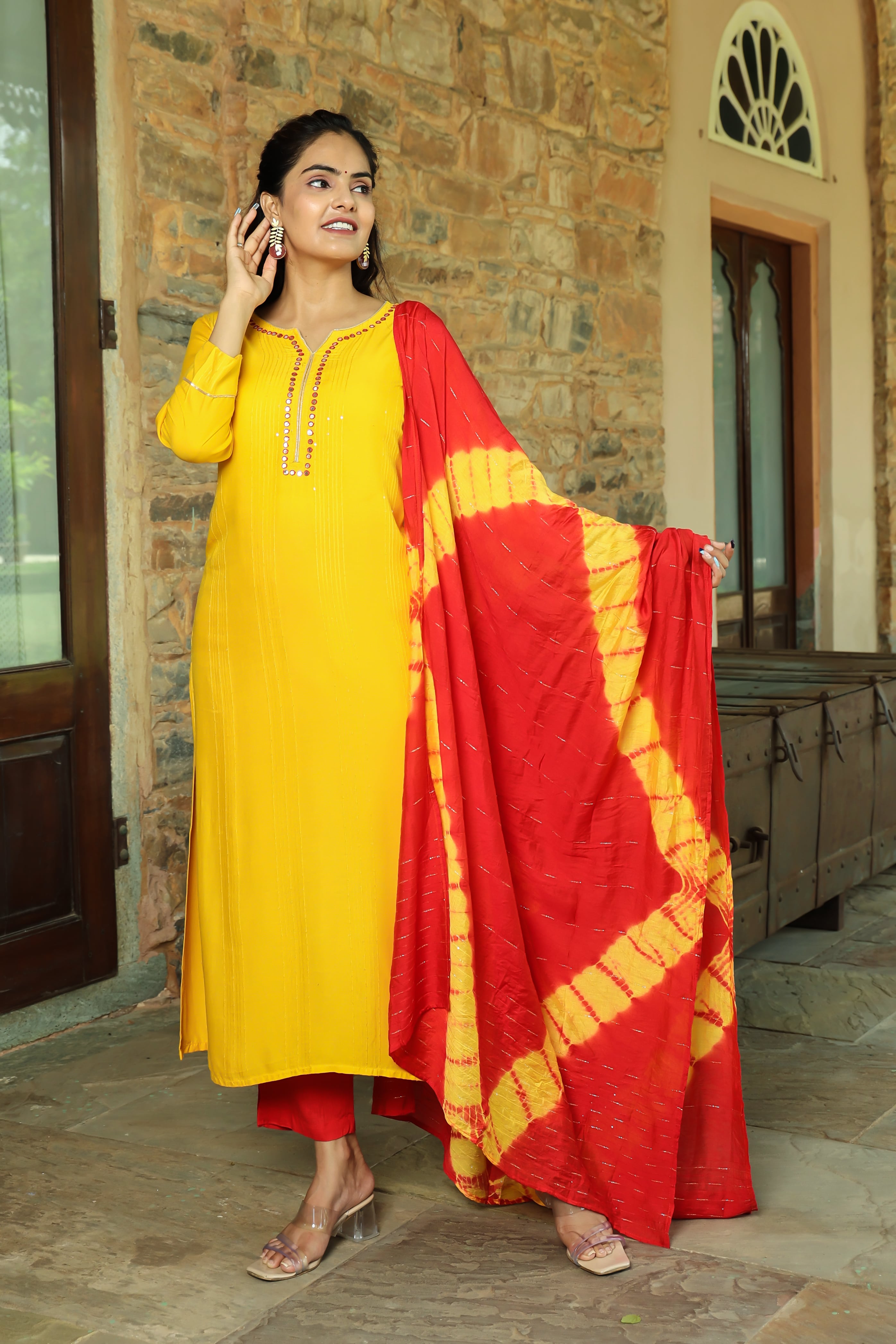 Vibrant Yellow Kurta Set with Red Tie-Dye Dupatta
