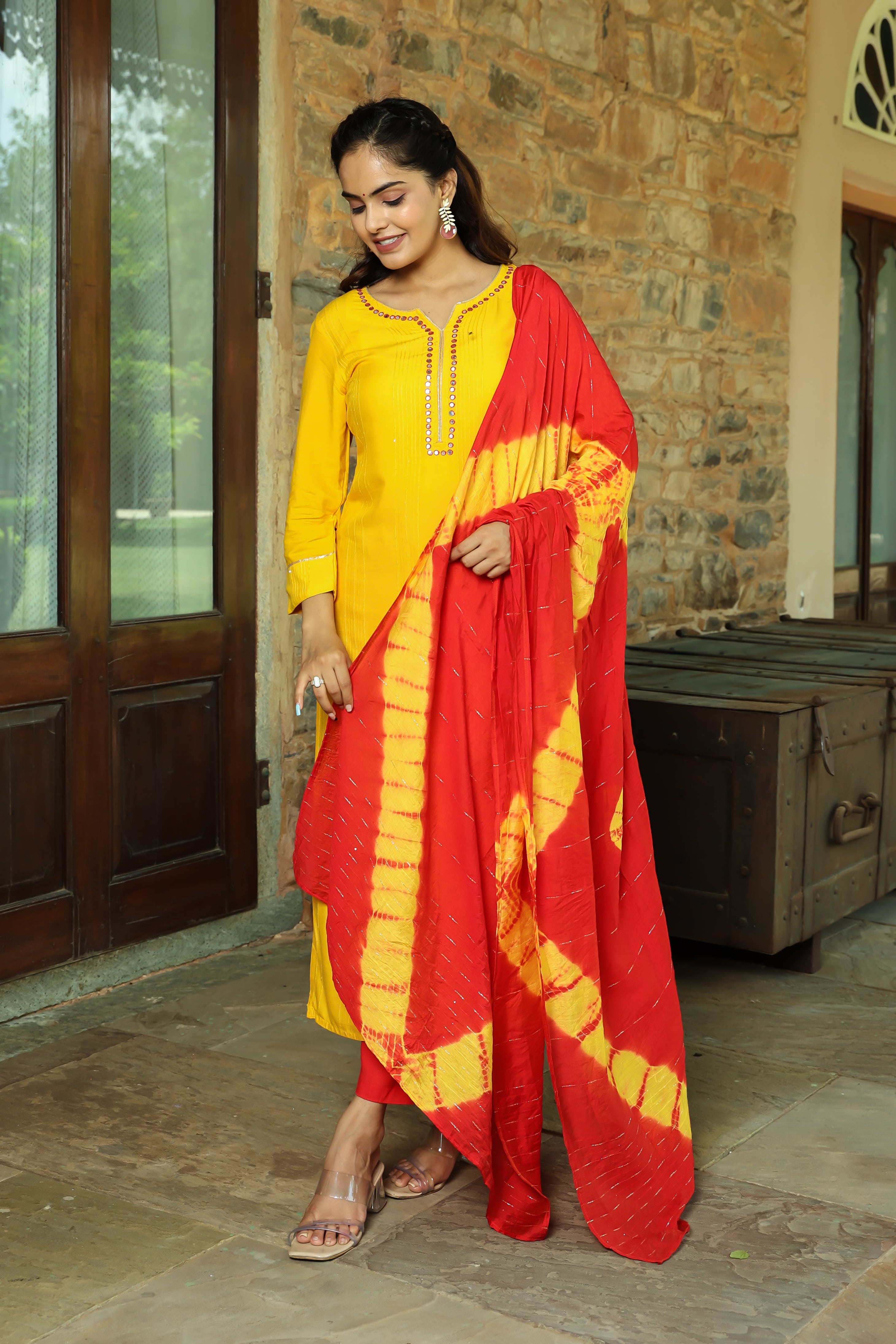 Vibrant Yellow Kurta Set with Red Tie-Dye Dupatta