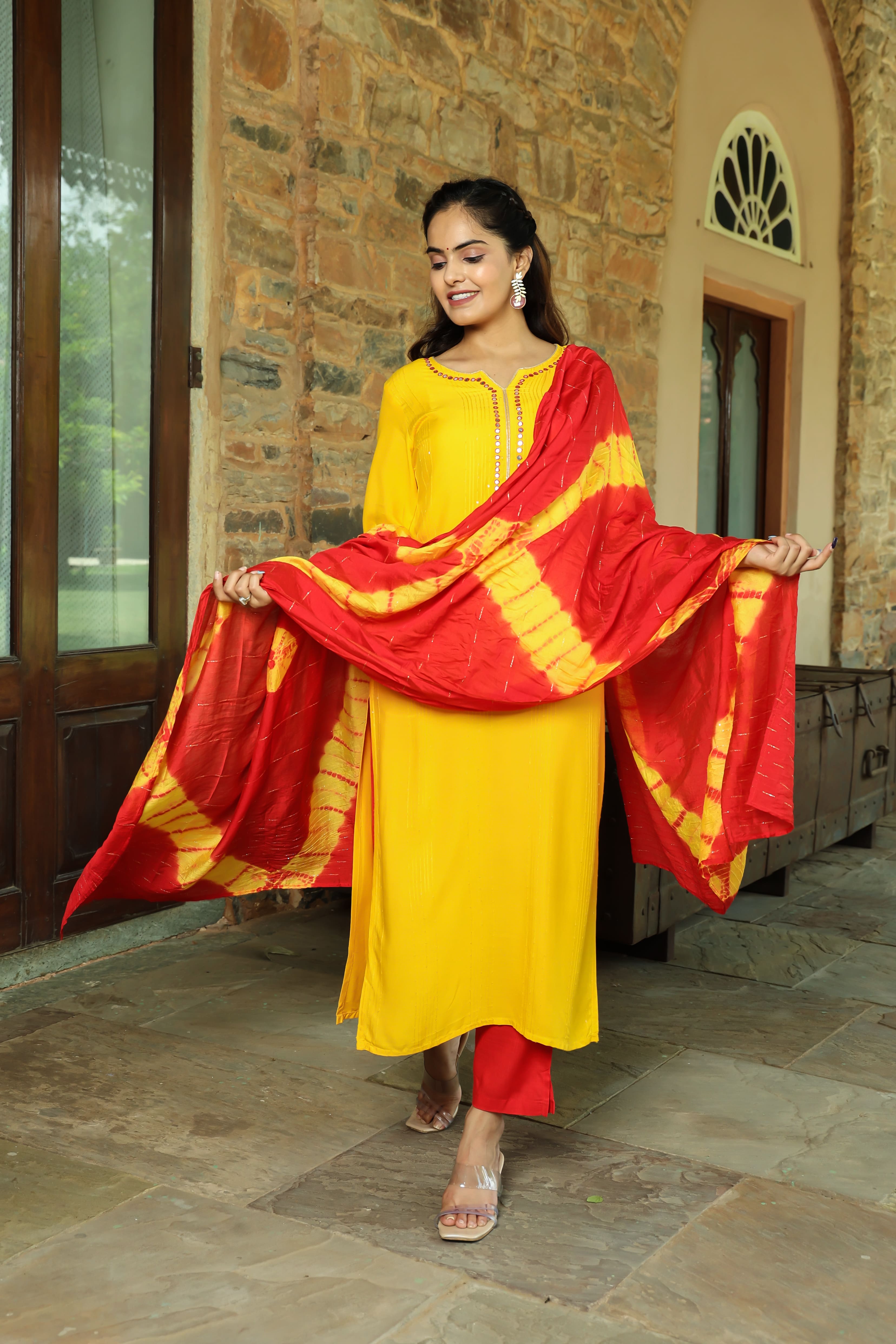 Vibrant Yellow Kurta Set with Red Tie-Dye Dupatta