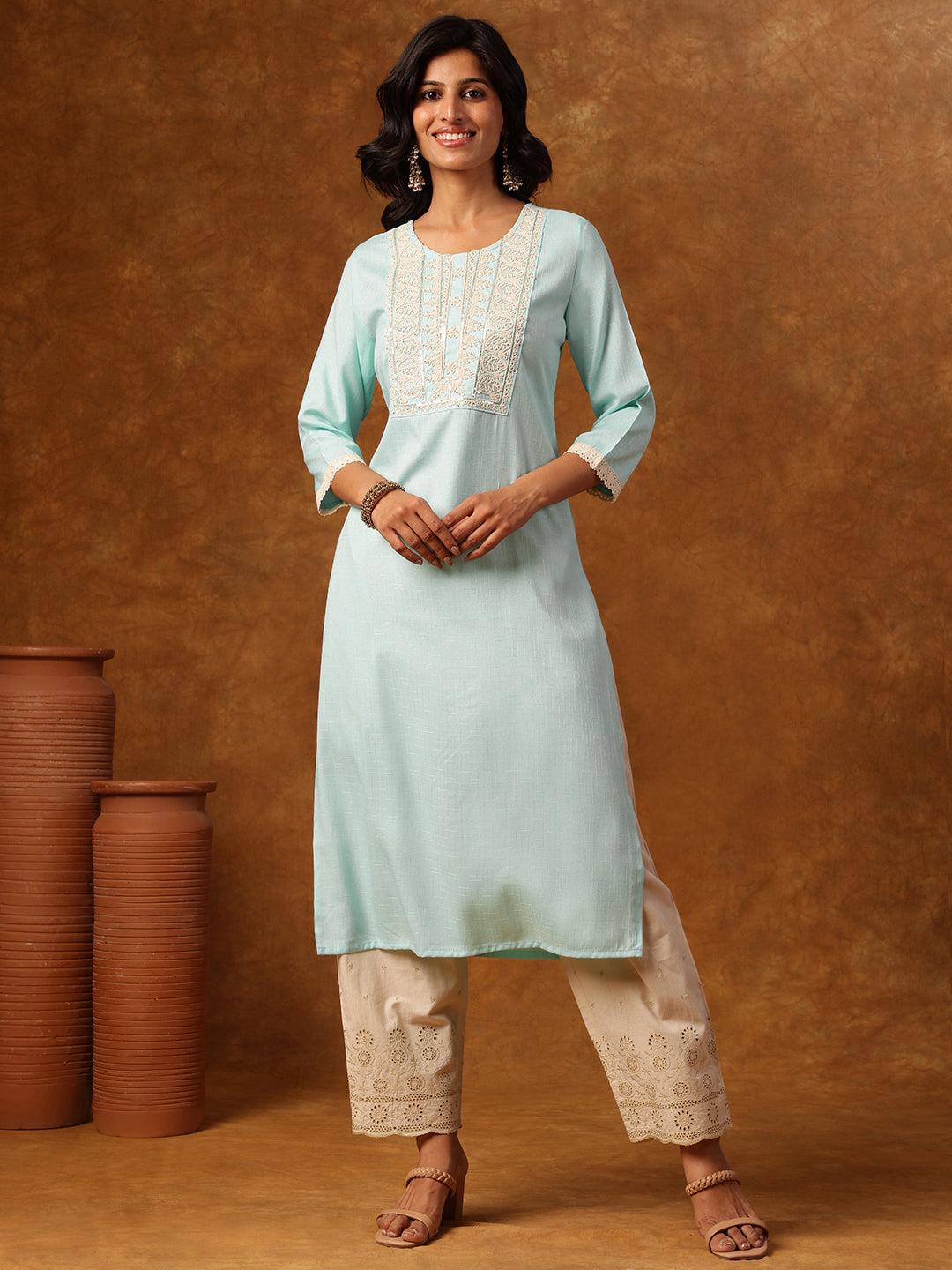 Pastel Charm - Blue Embroidered Straight Kurta