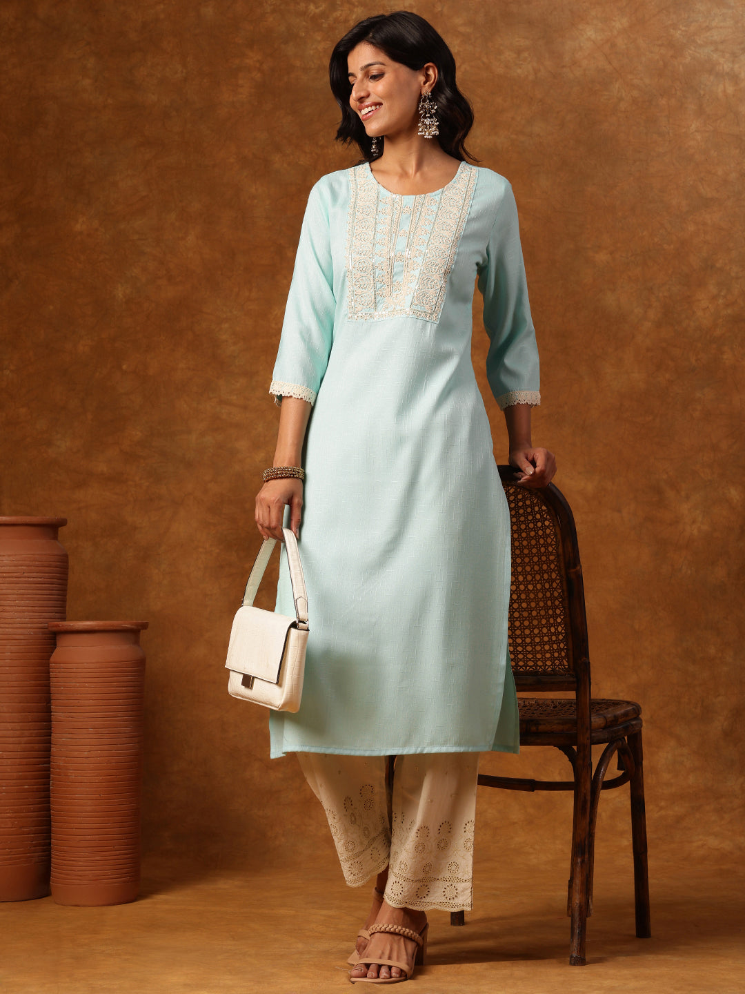 Pastel Charm - Blue Embroidered Straight Kurta