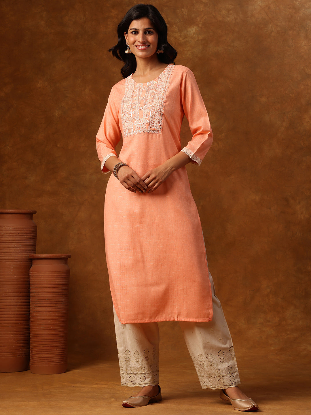 Peach Embroidered Straight Kurta