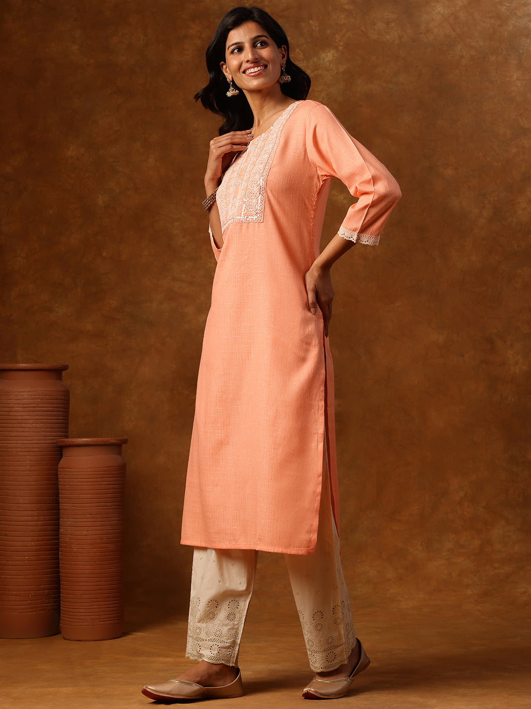 Peach Embroidered Straight Kurta