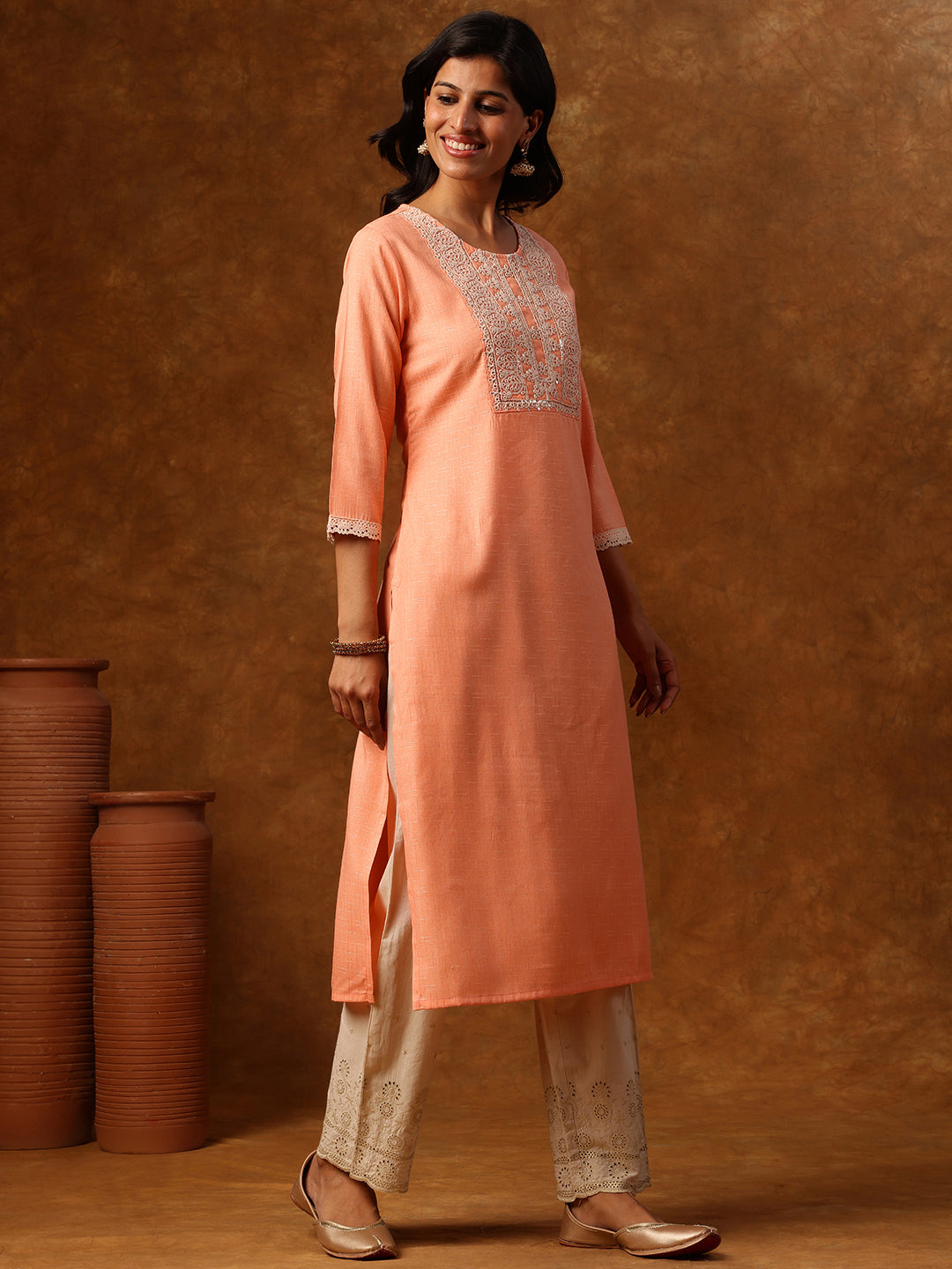 Peach Embroidered Straight Kurta