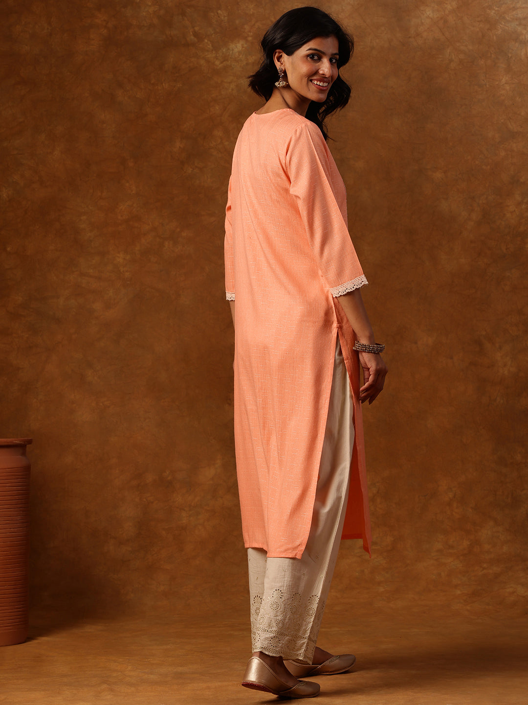 Peach Embroidered Straight Kurta