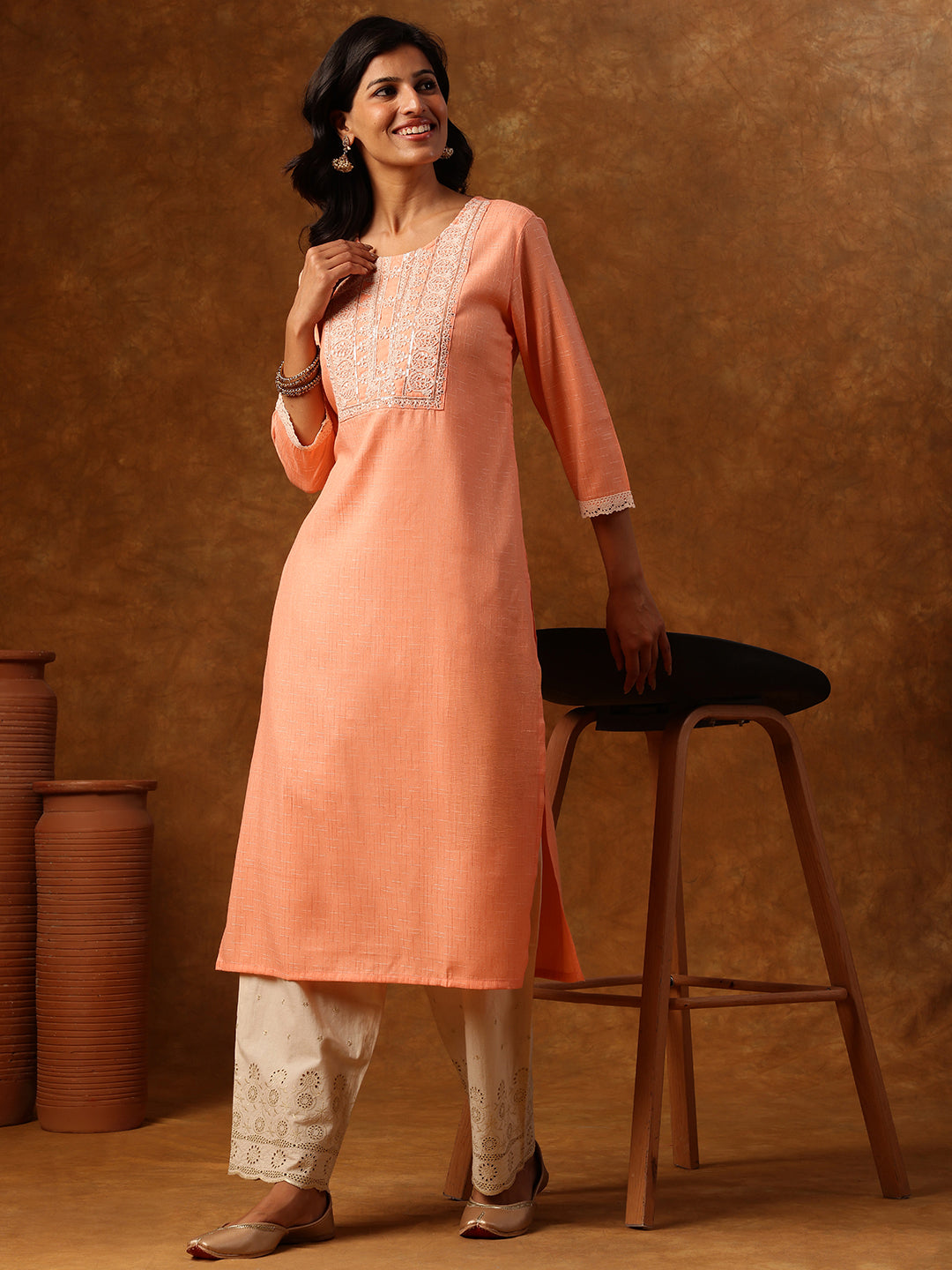 Peach Embroidered Straight Kurta