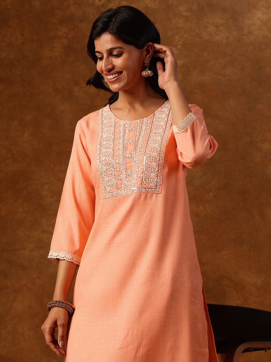 Peach Embroidered Straight Kurta