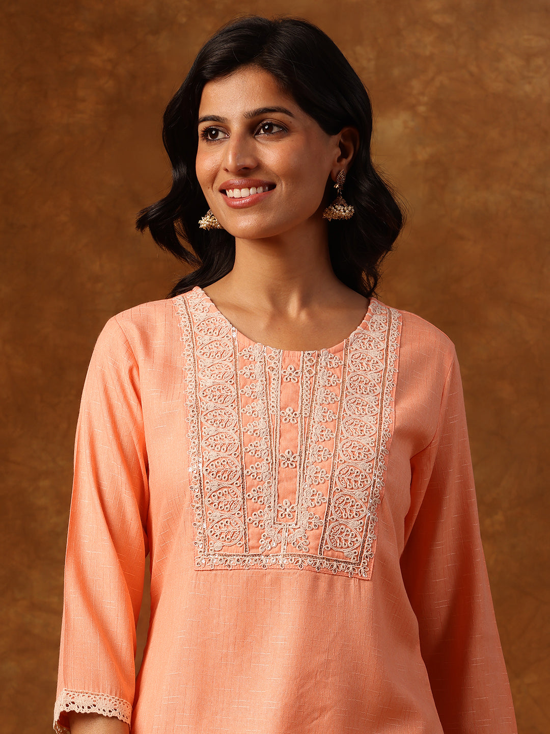 Peach Embroidered Straight Kurta