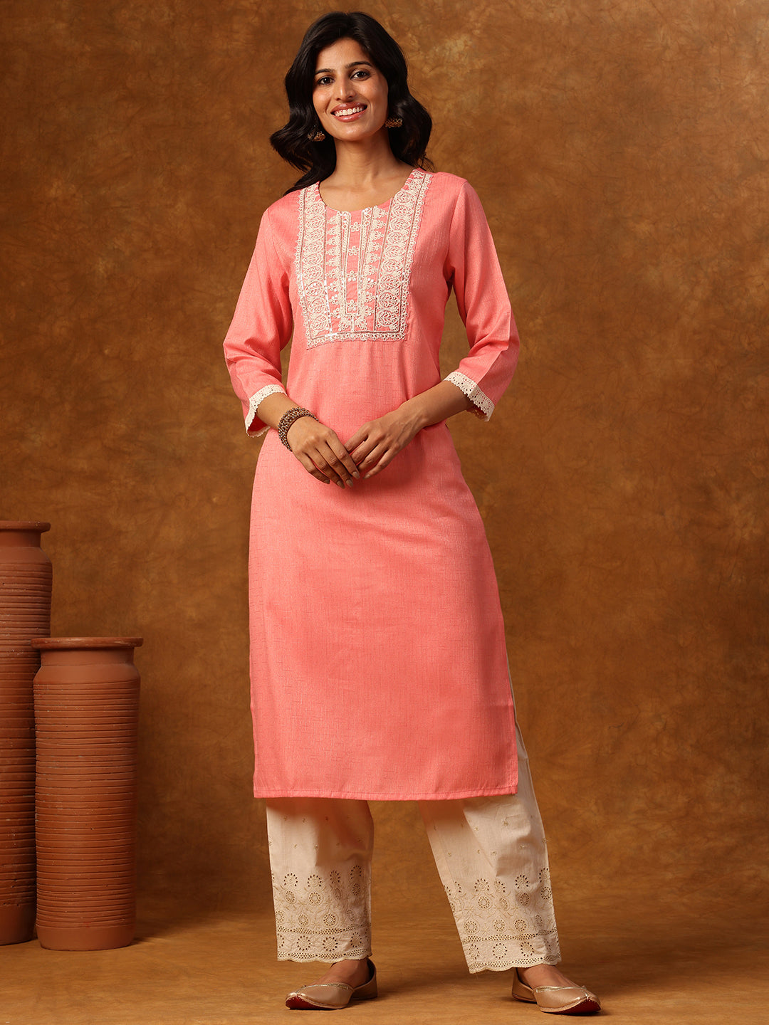 Pink Embroidered Straight Kurta