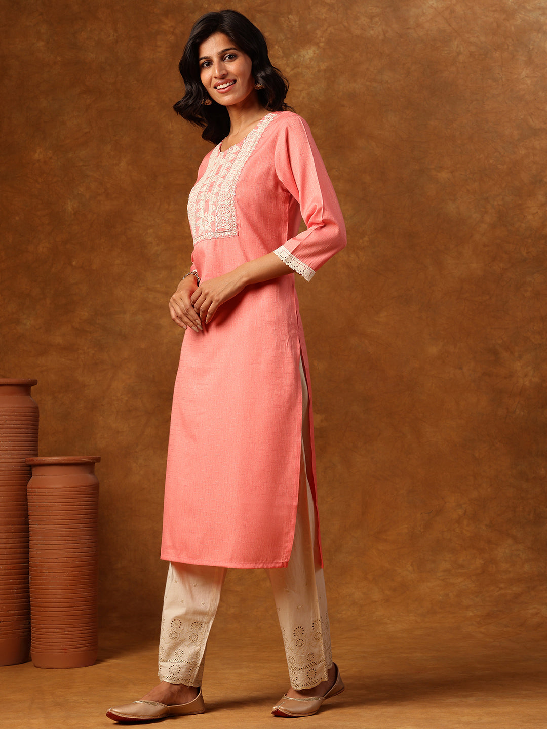 Pink Embroidered Straight Kurta