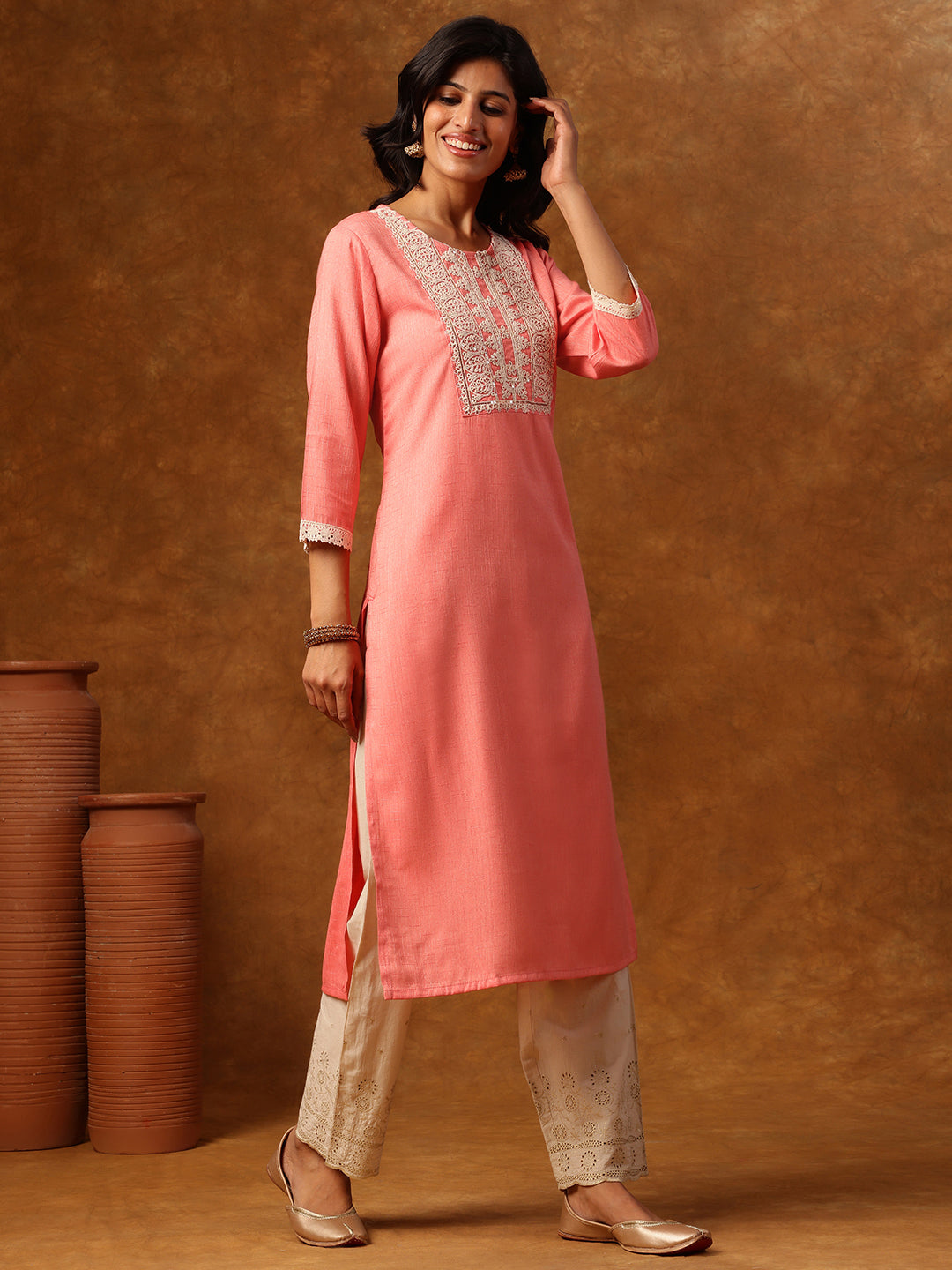Pink Embroidered Straight Kurta