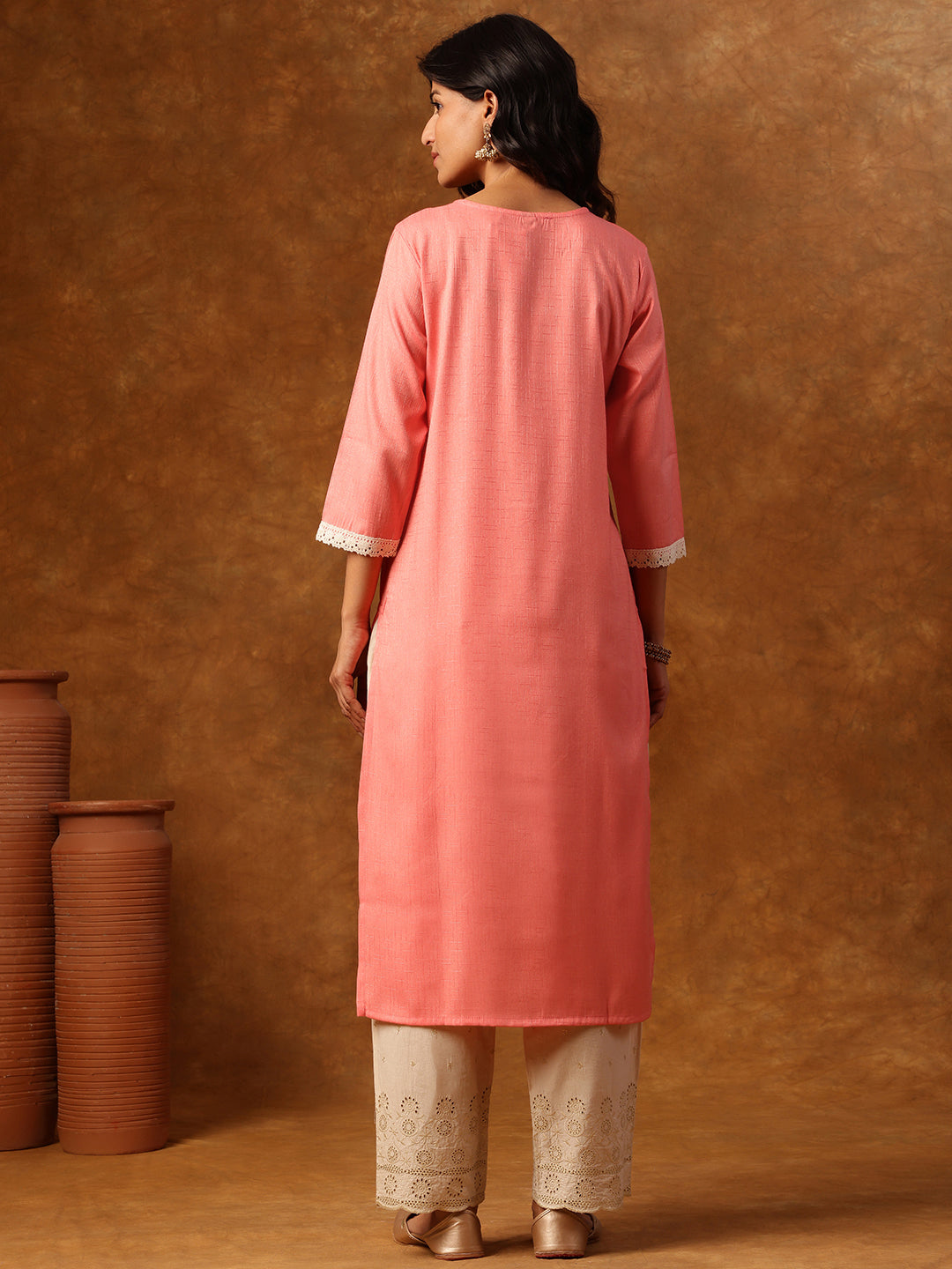 Pink Embroidered Straight Kurta