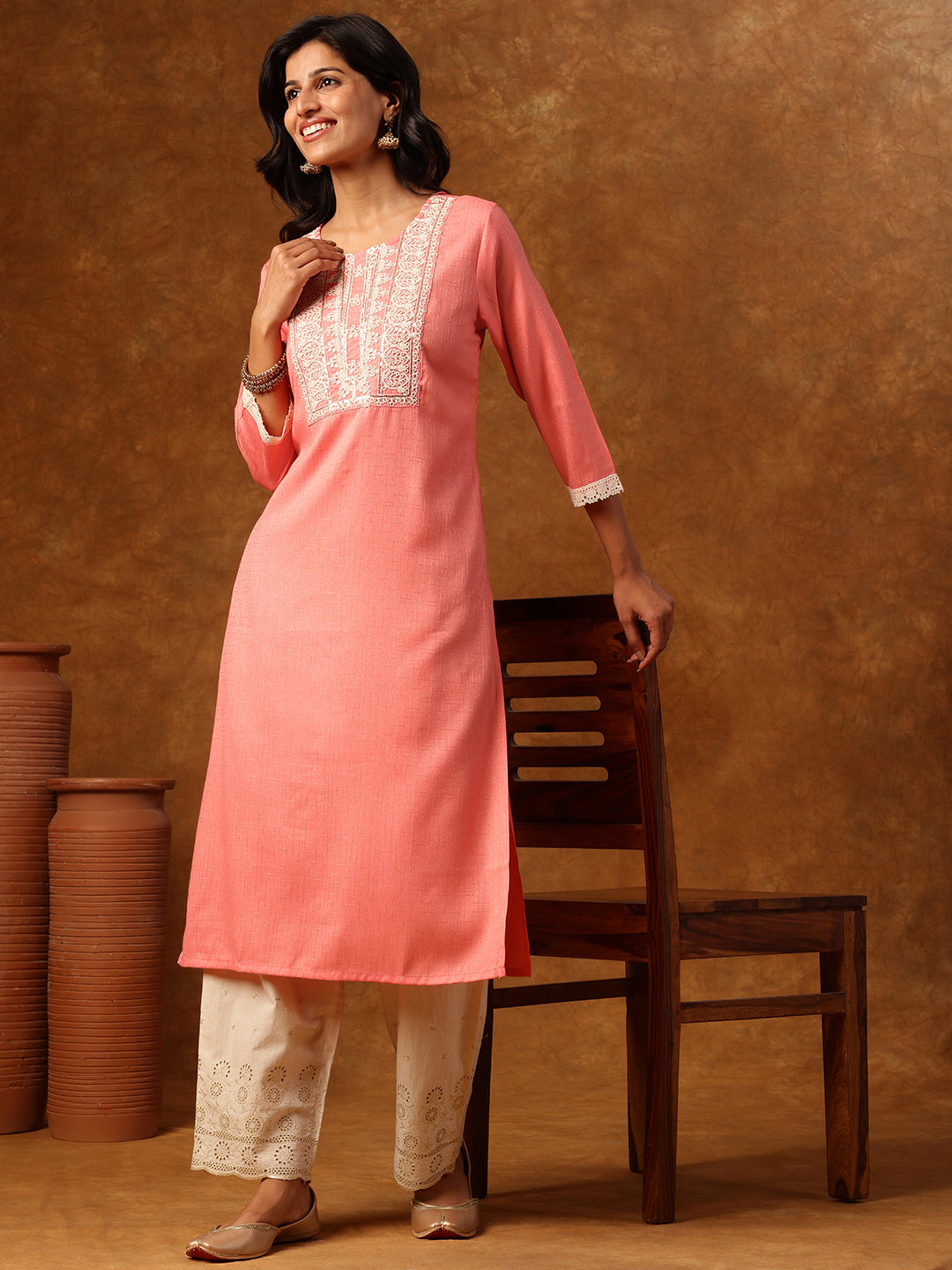 Pink Embroidered Straight Kurta