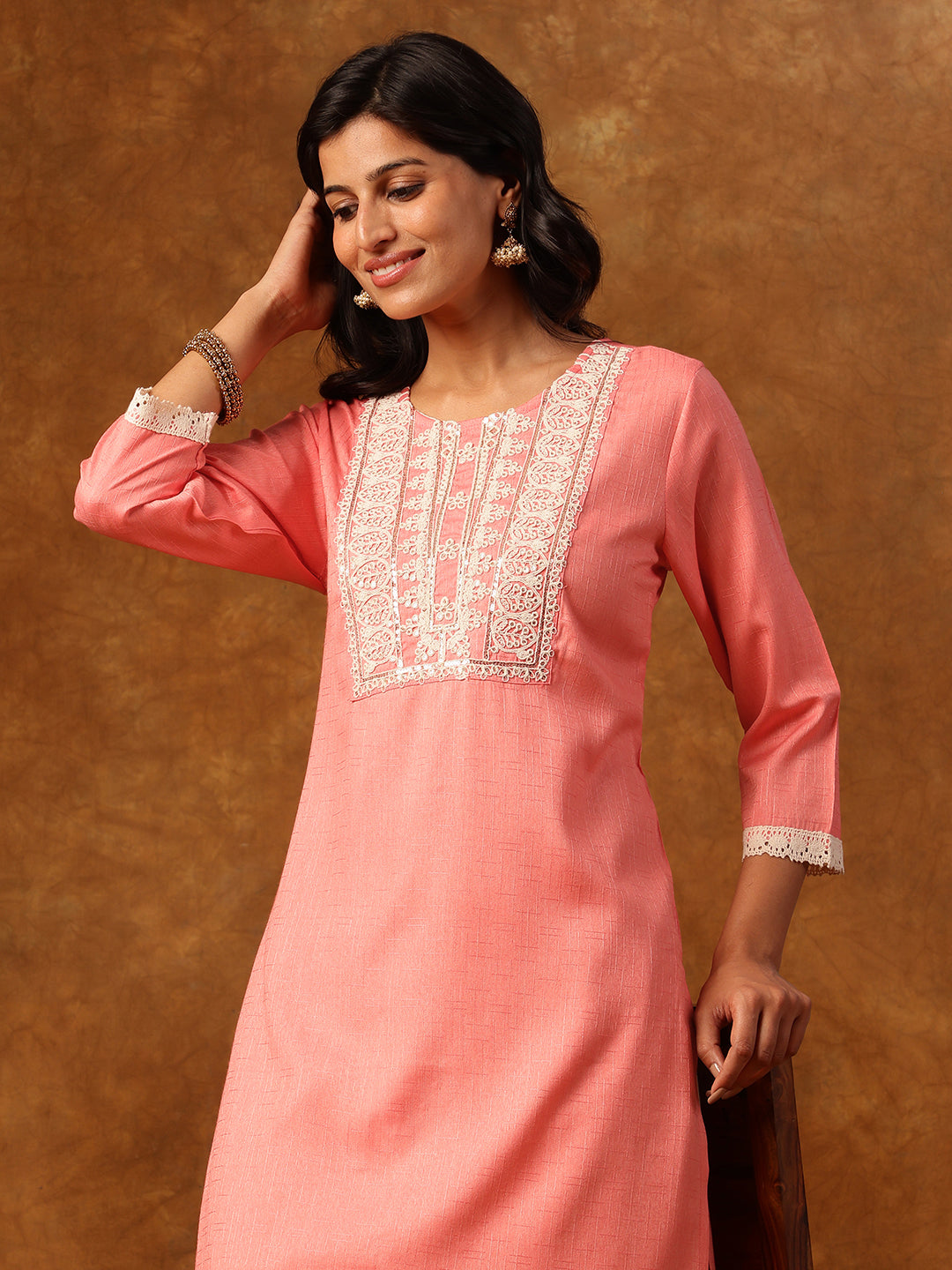 Pink Embroidered Straight Kurta