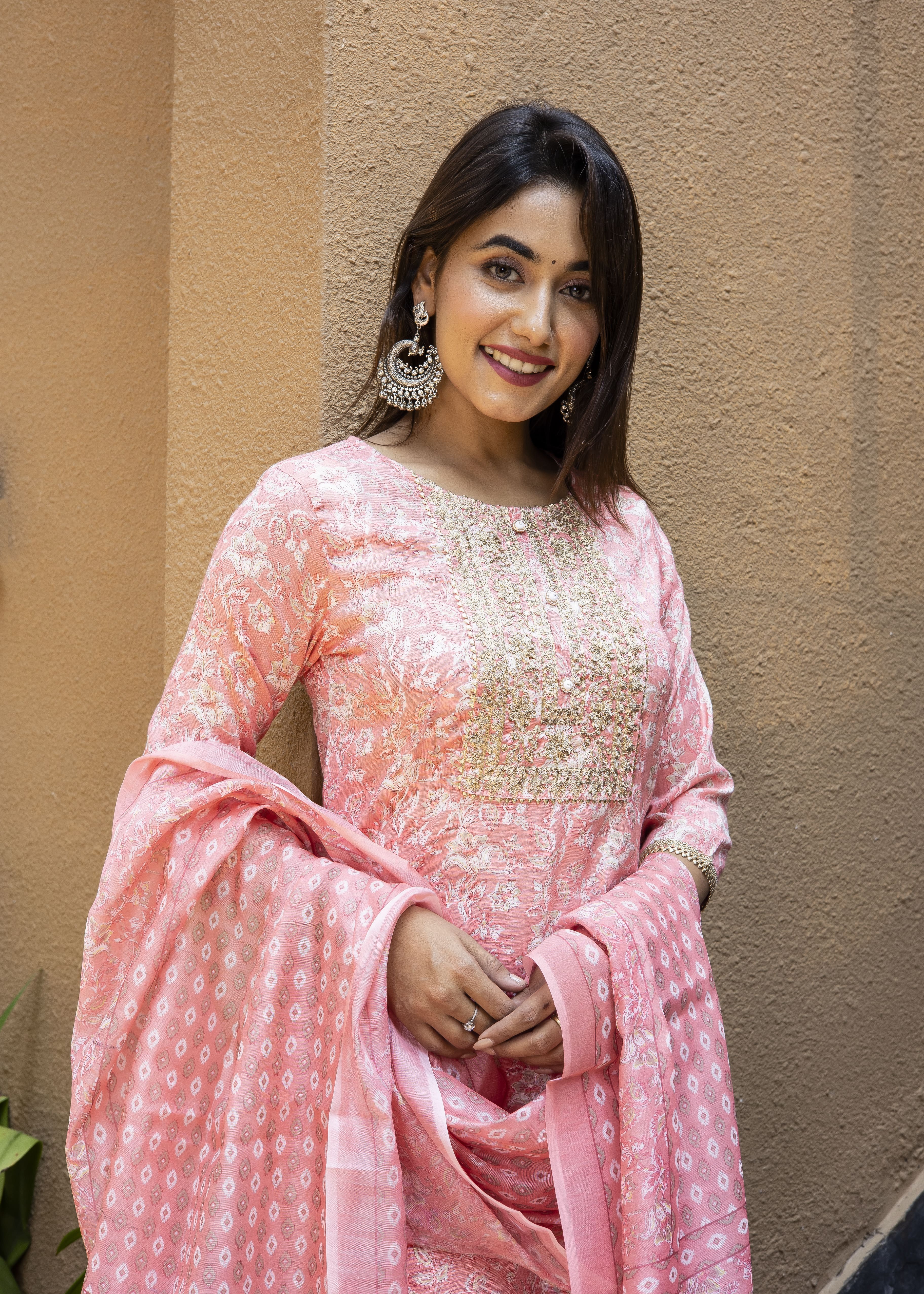 Peach Pink Floral Printed Kurta Set with Dupatta