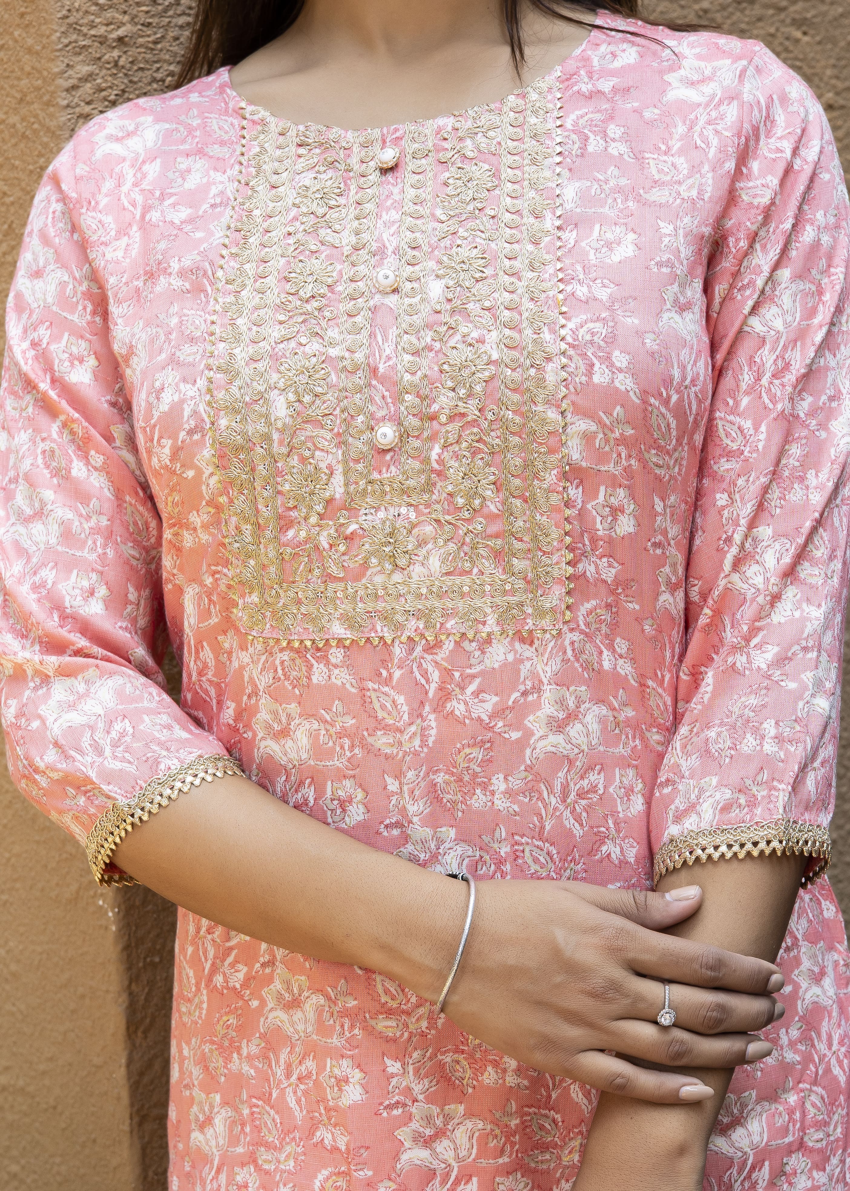 Peach Pink Floral Printed Kurta Set with Dupatta