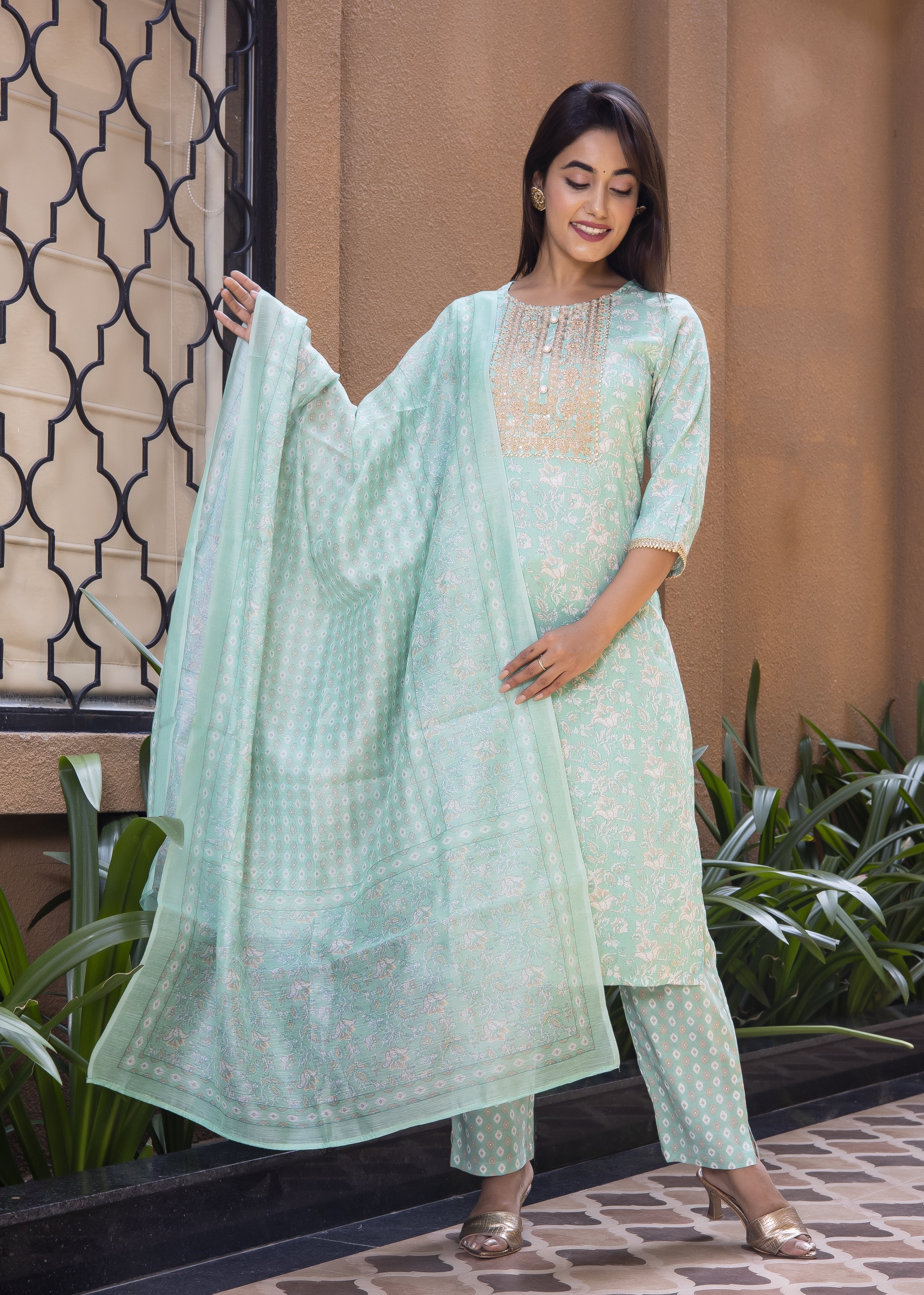 Elegant Mint Green Printed Kurta Set with Dupatta