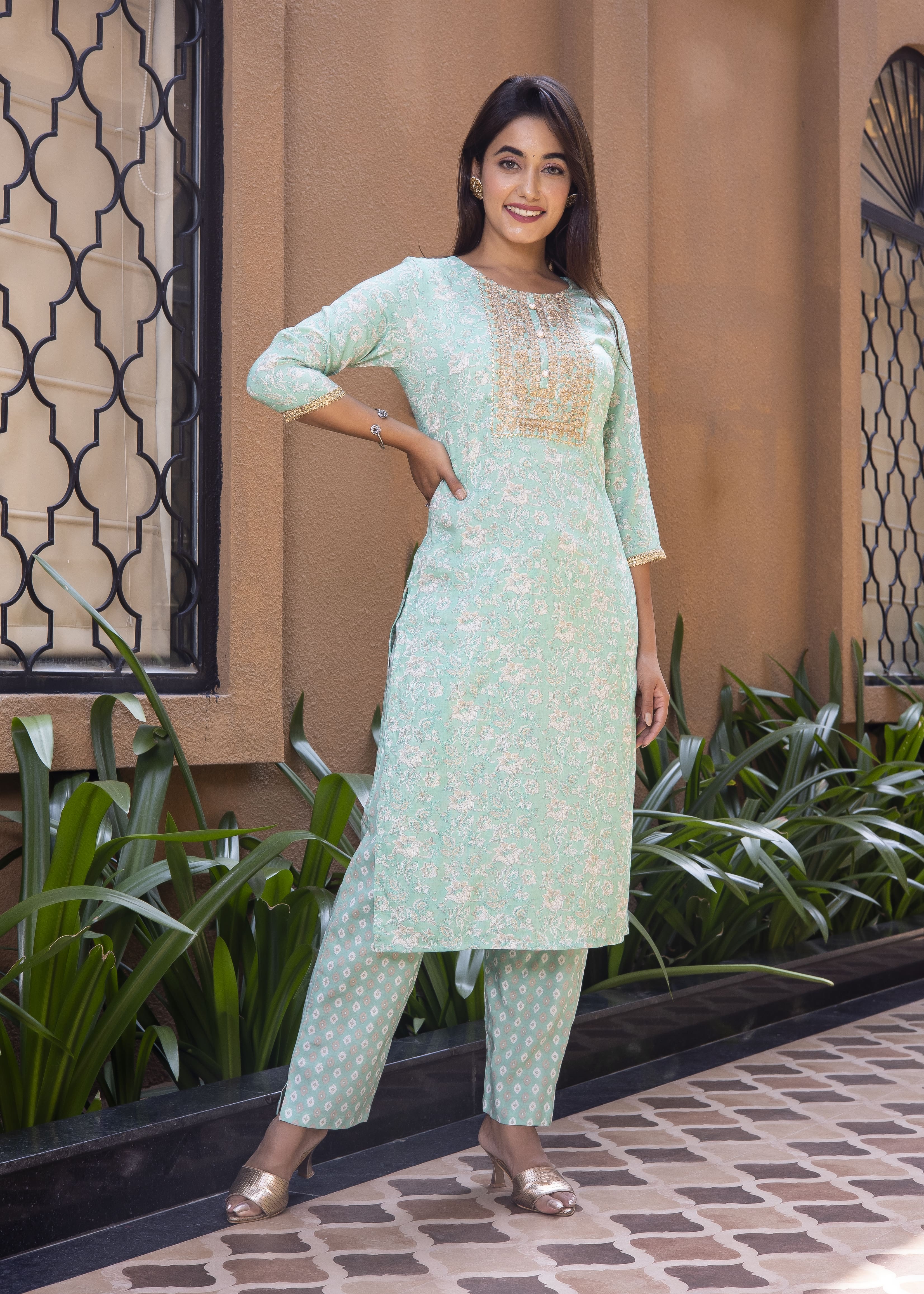 Elegant Mint Green Printed Kurta Set with Dupatta