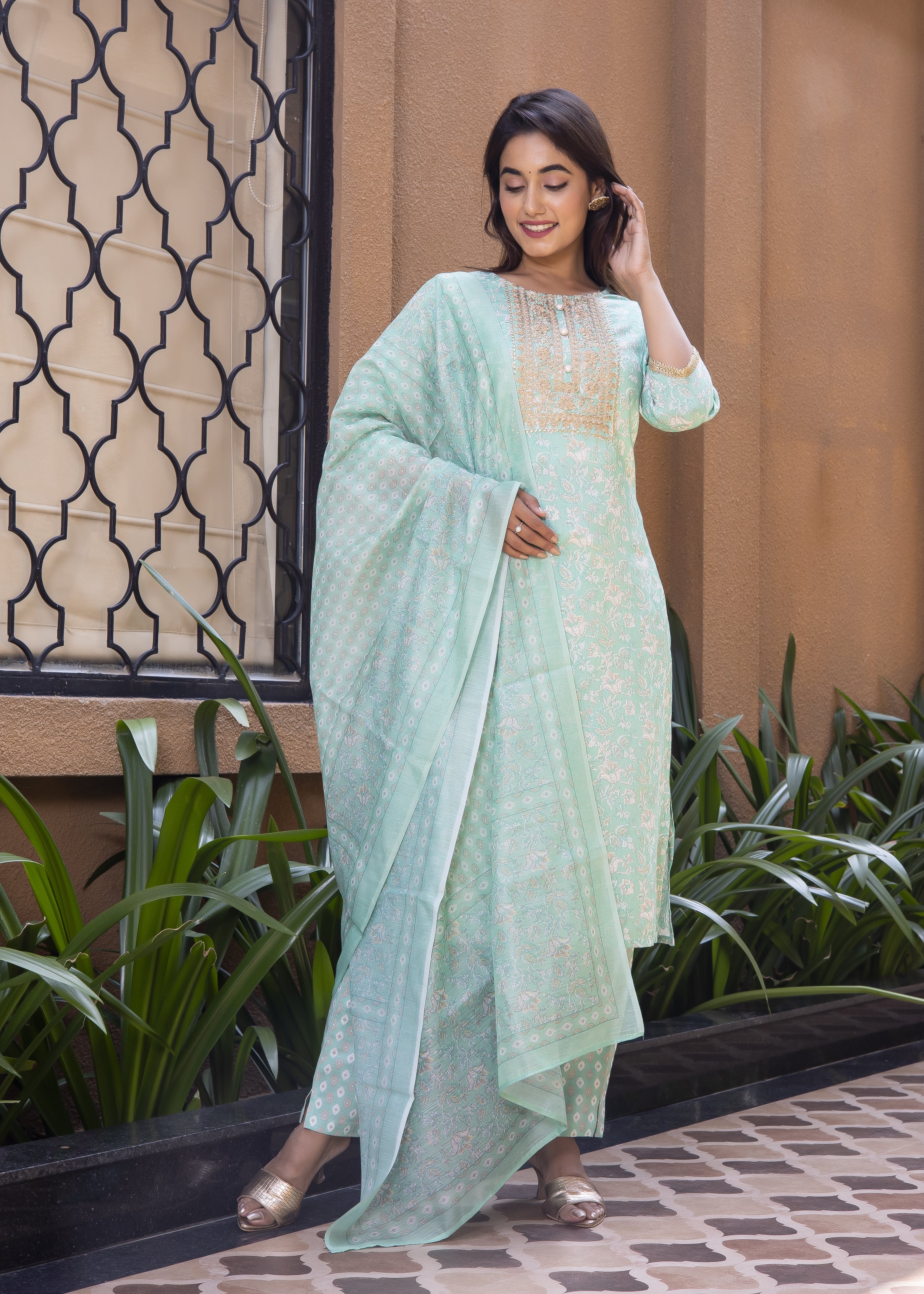 Elegant Mint Green Printed Kurta Set with Dupatta