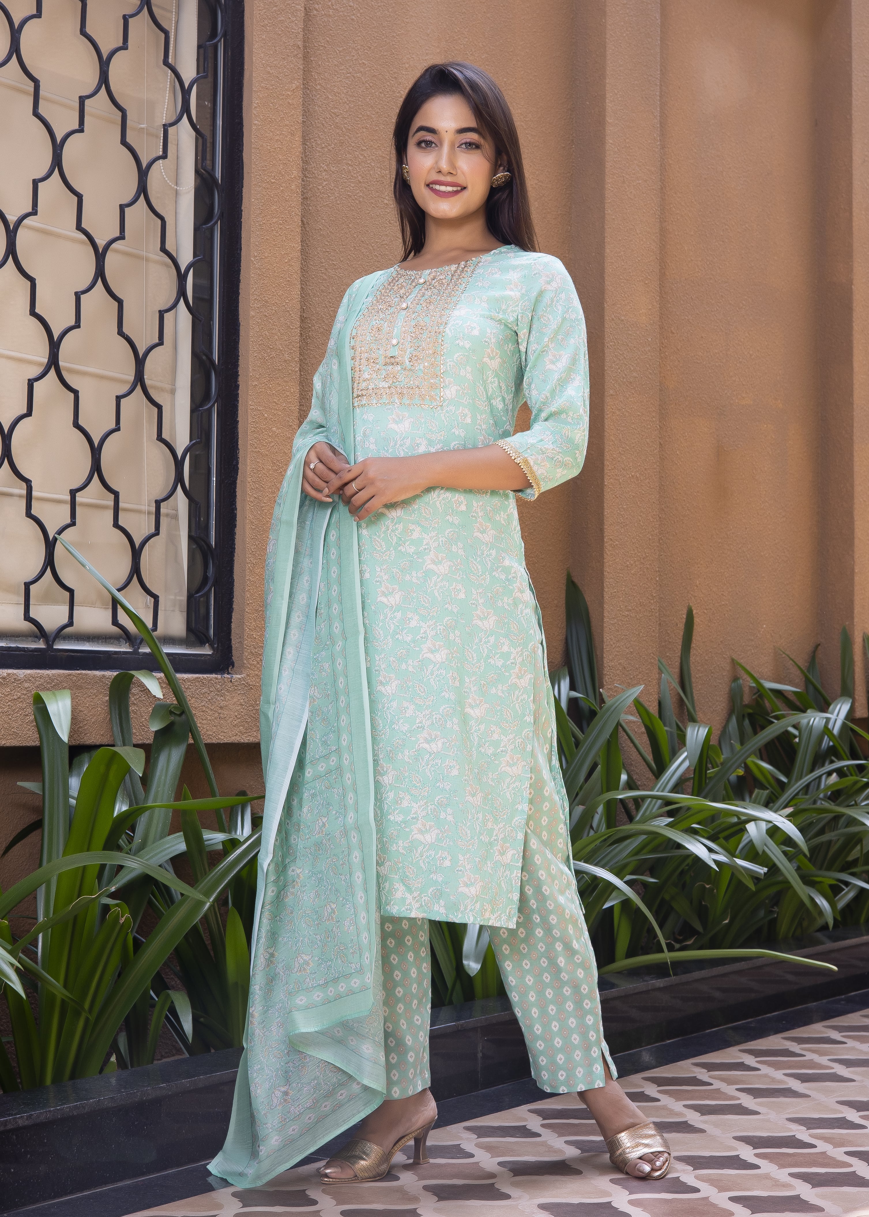 Elegant Mint Green Printed Kurta Set with Dupatta