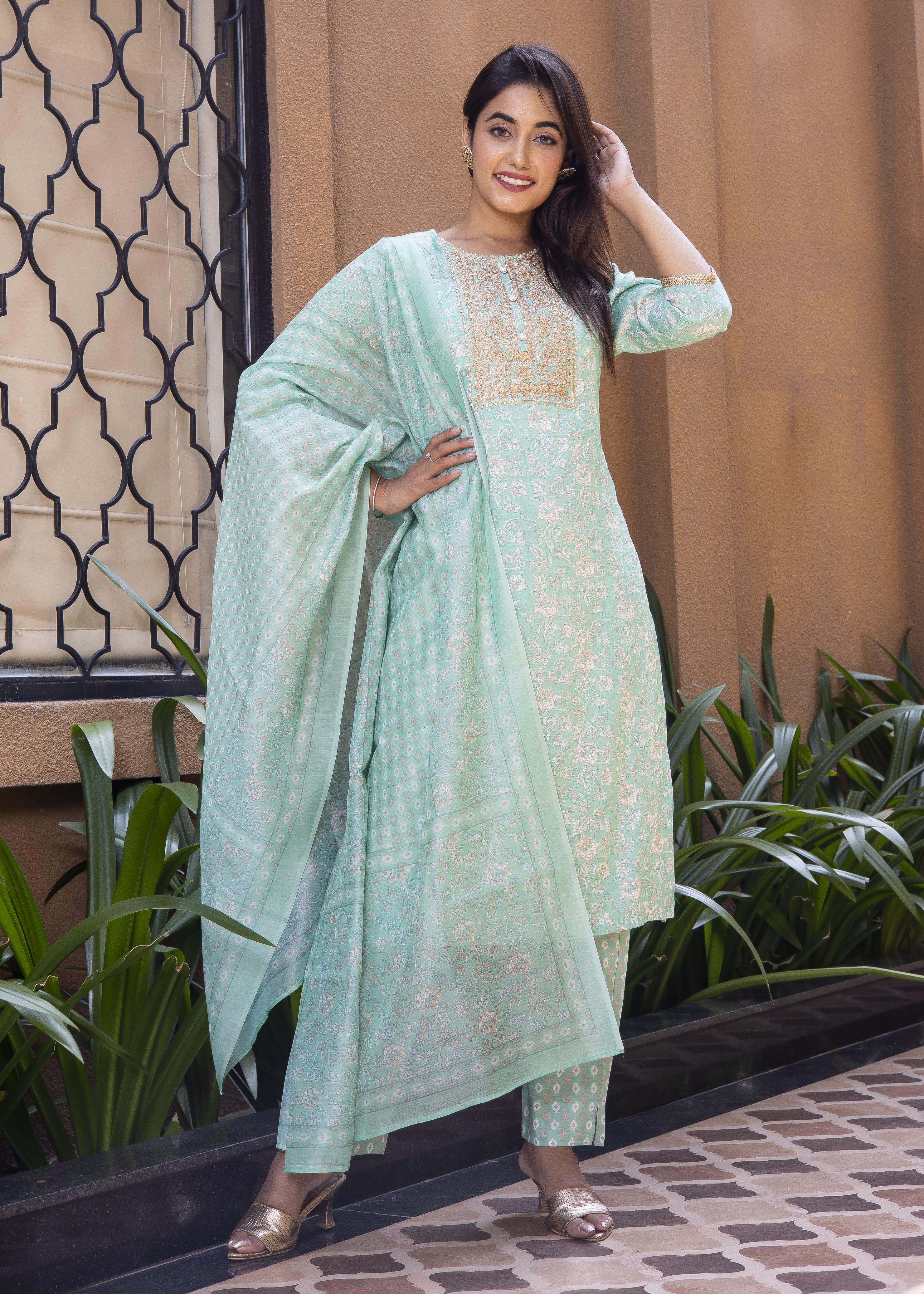 Elegant Mint Green Printed Kurta Set with Dupatta
