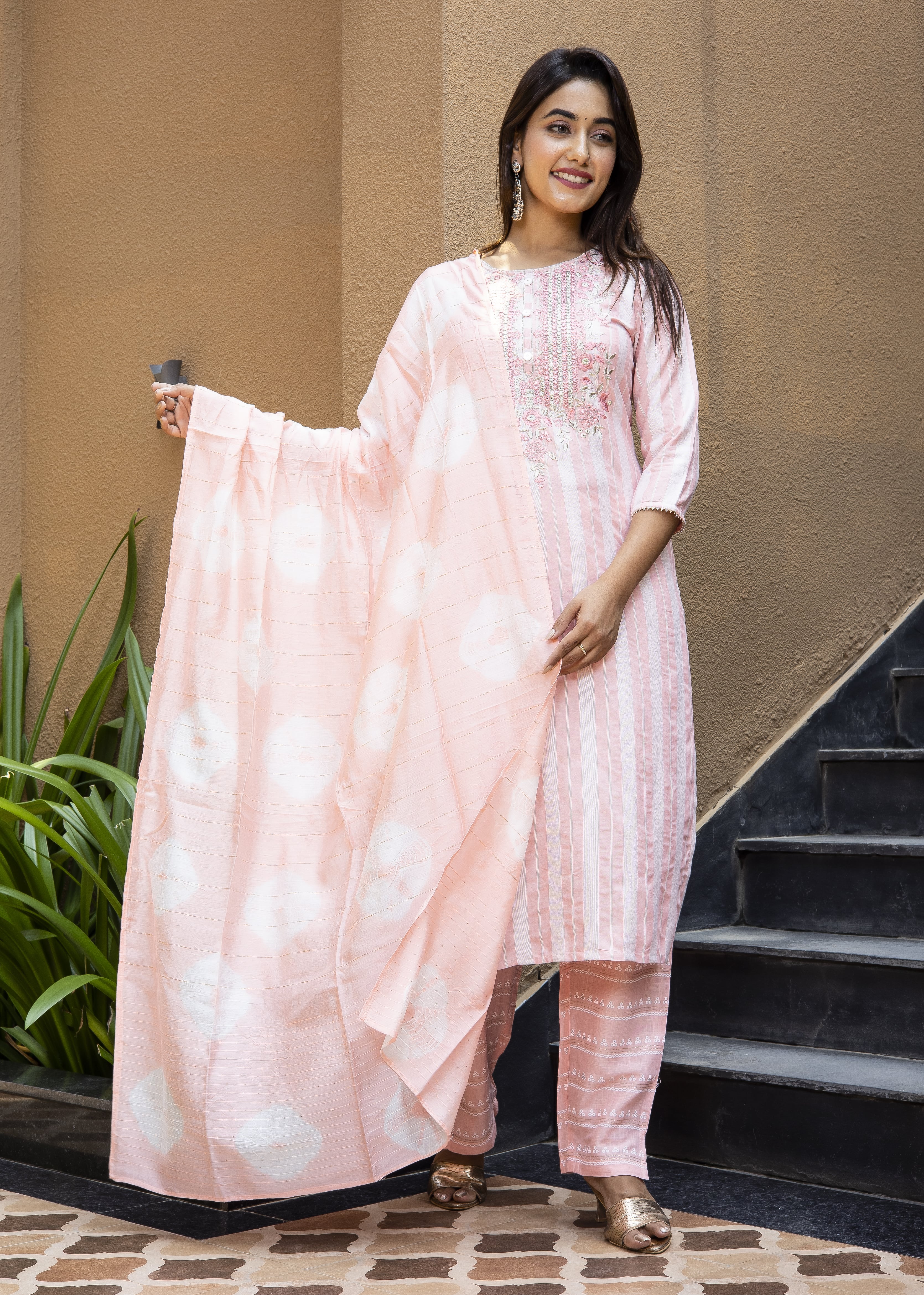 Elegant Pastel Pink Embroidered Kurta Set With Dupatta