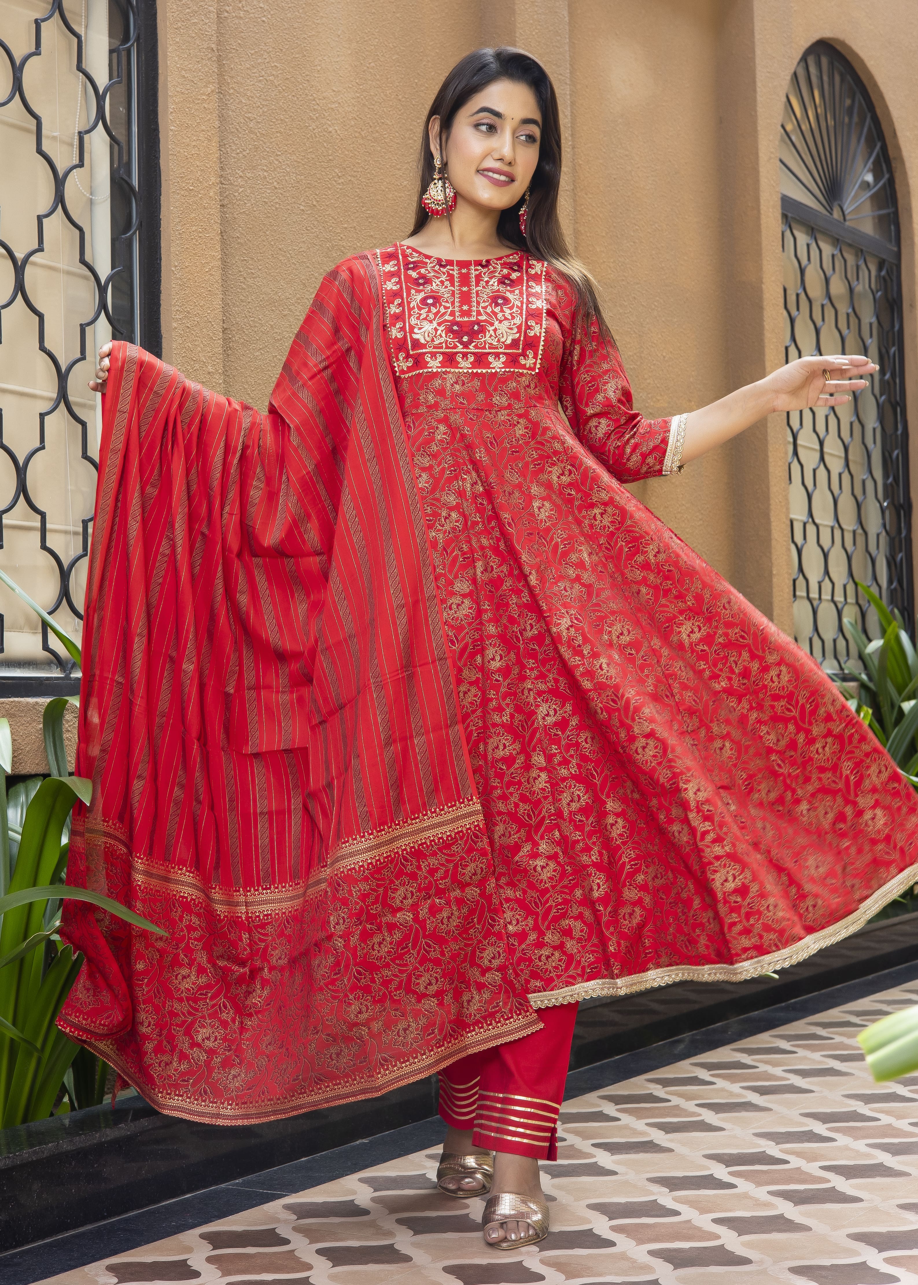 Red Anarkali Suit Set with Dupatta