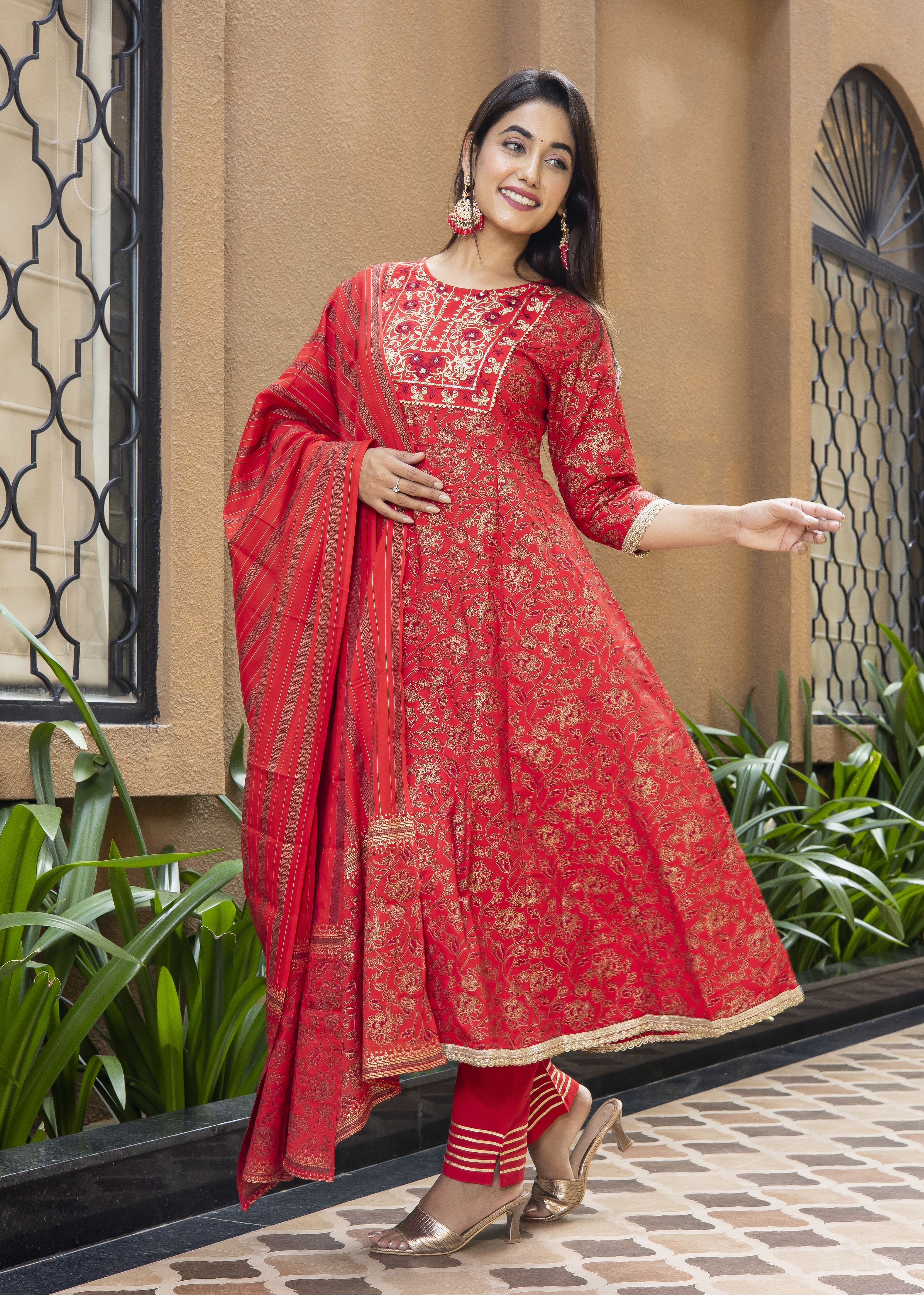 Red Anarkali Suit Set with Dupatta