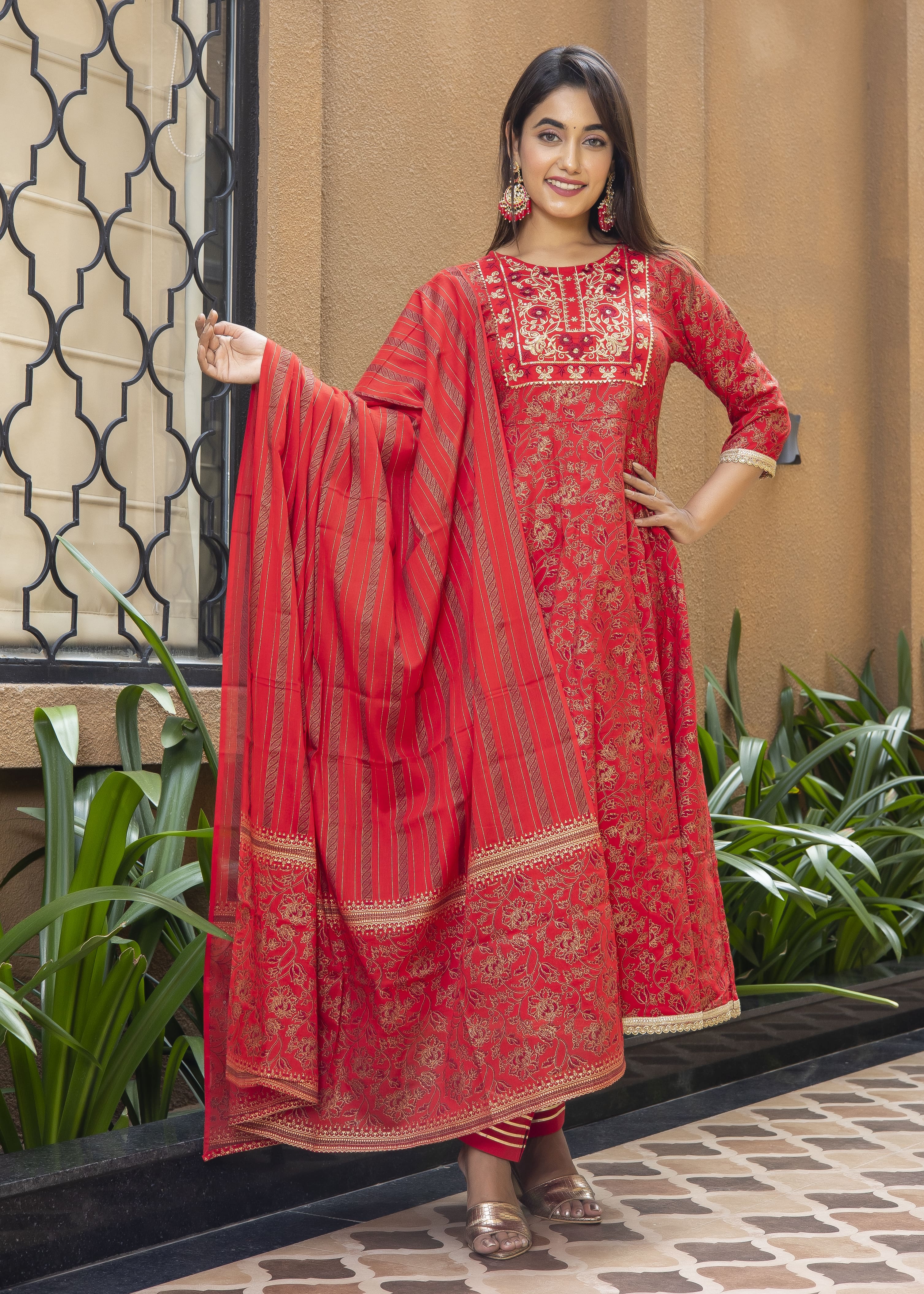 Red Anarkali Suit Set with Dupatta