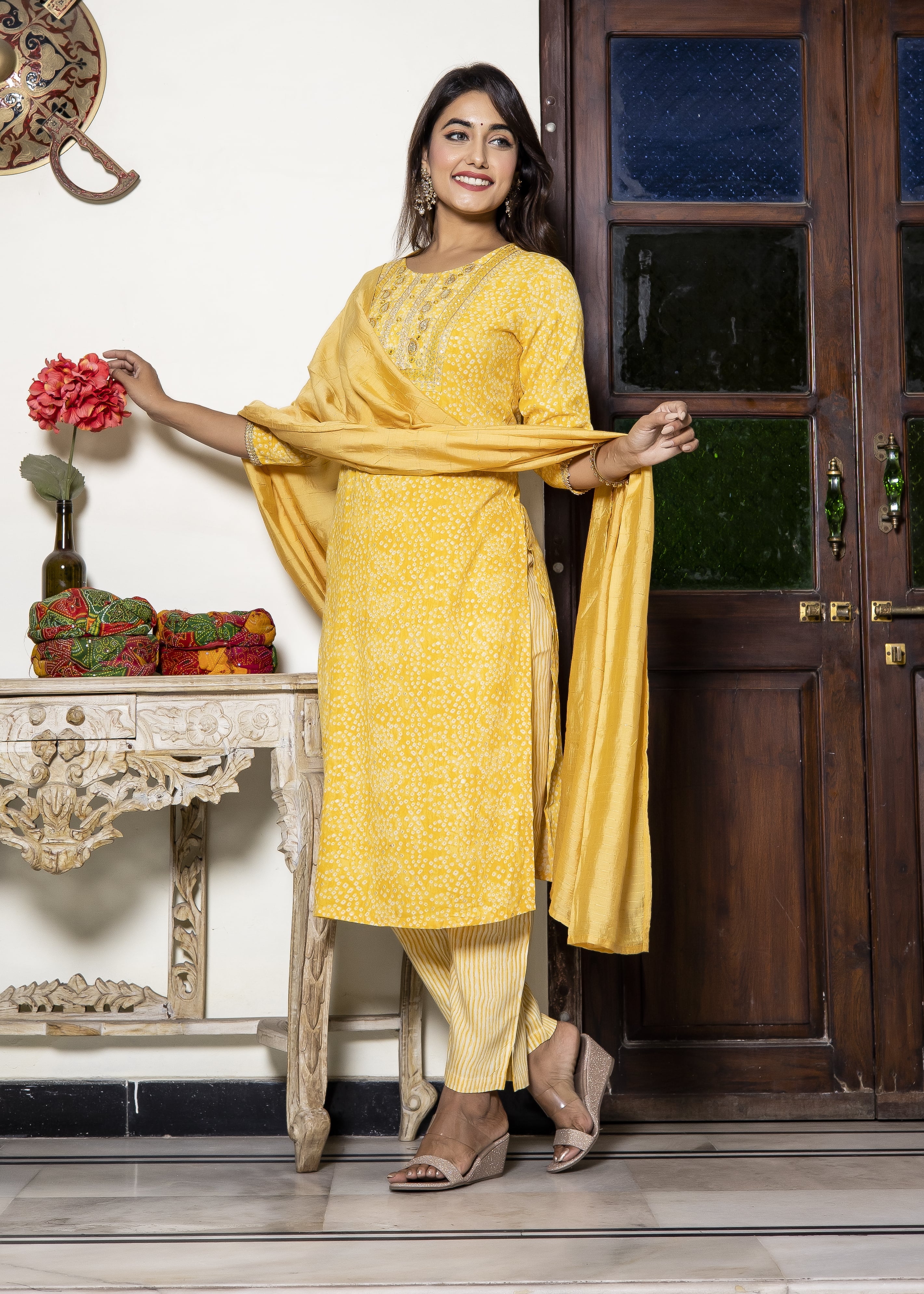 Yellow Printed Kurta Set with Dupatta