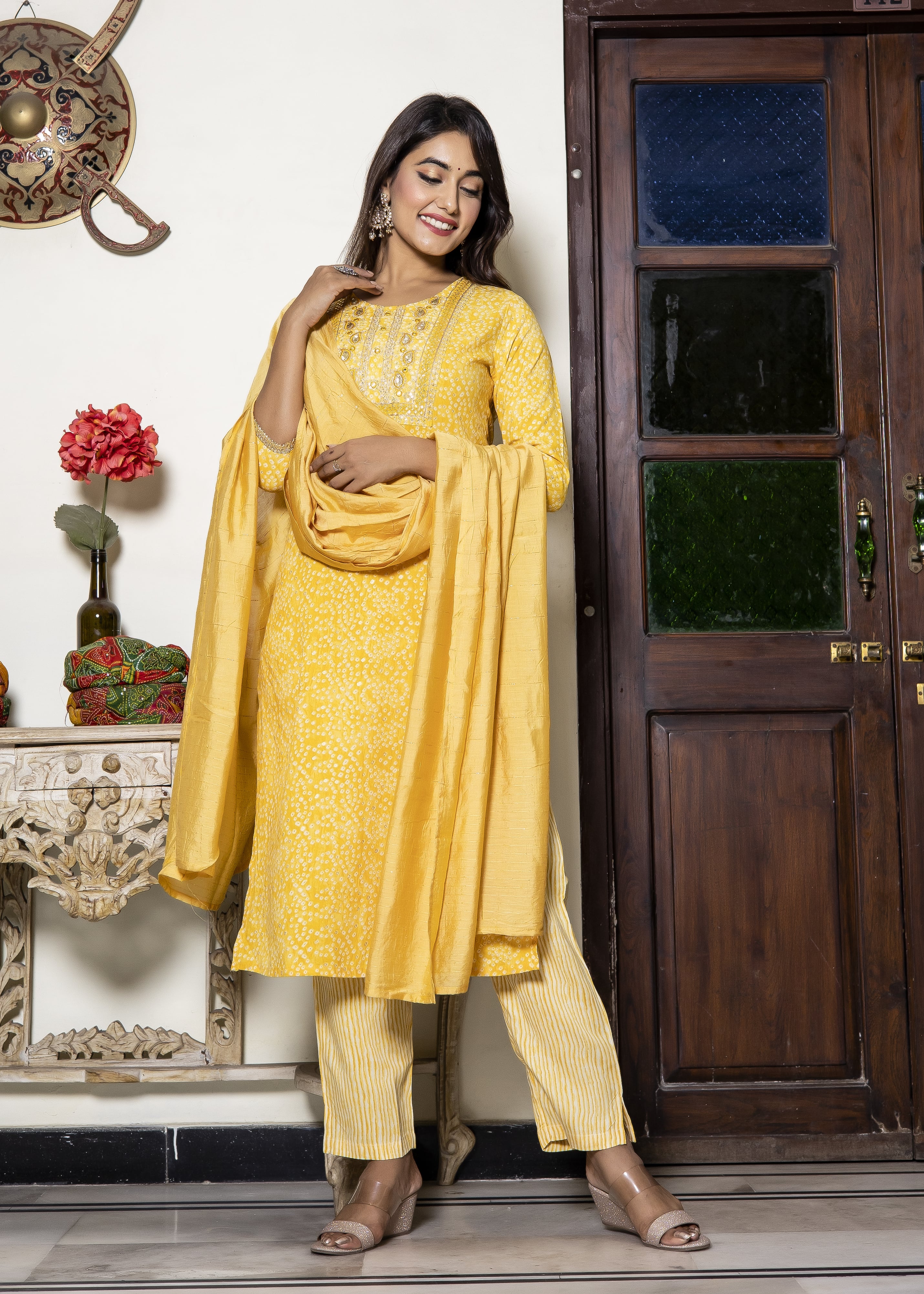 Yellow Printed Kurta Set with Dupatta