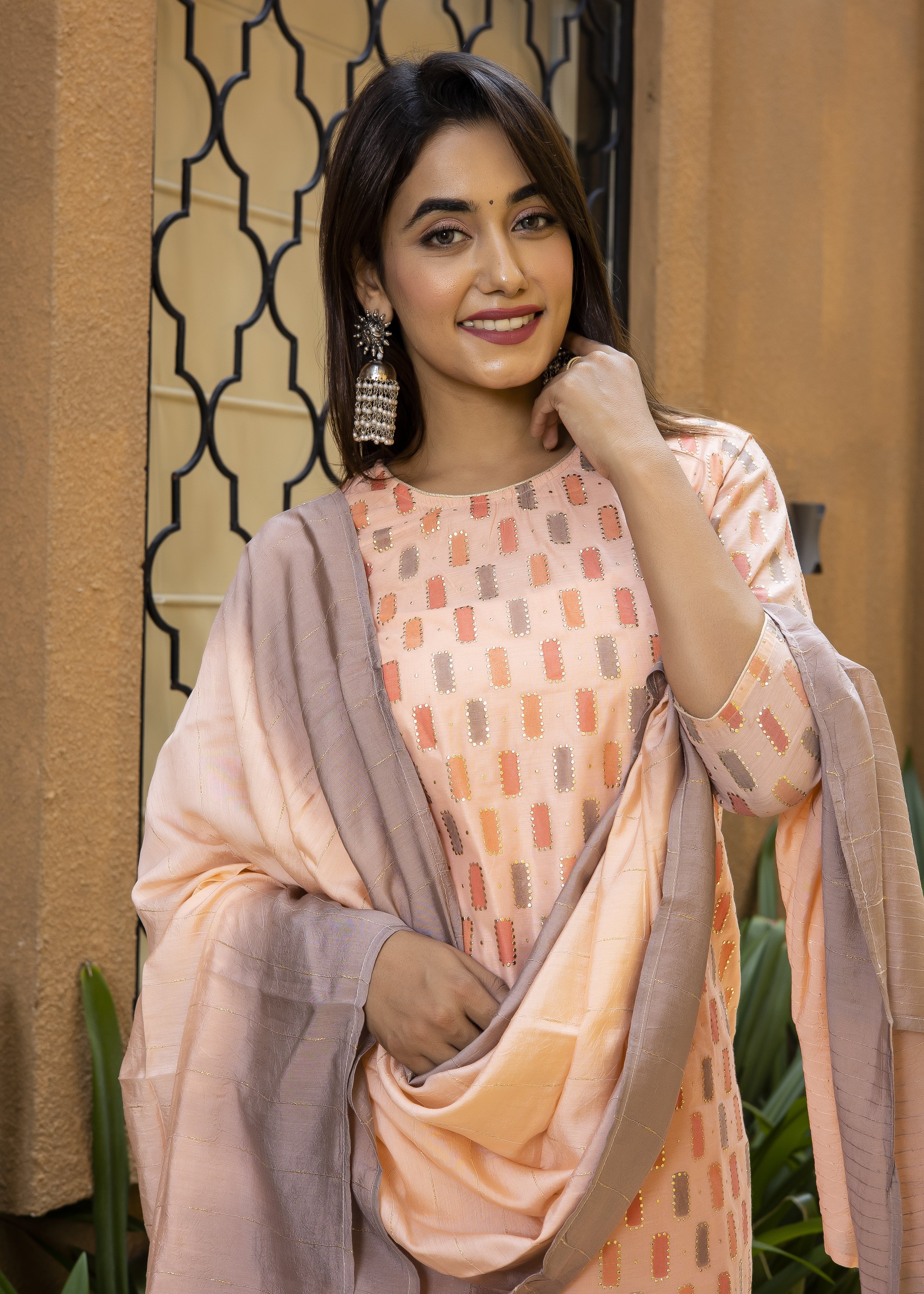 Elegant Peach Chanderi Blend Kurta Set