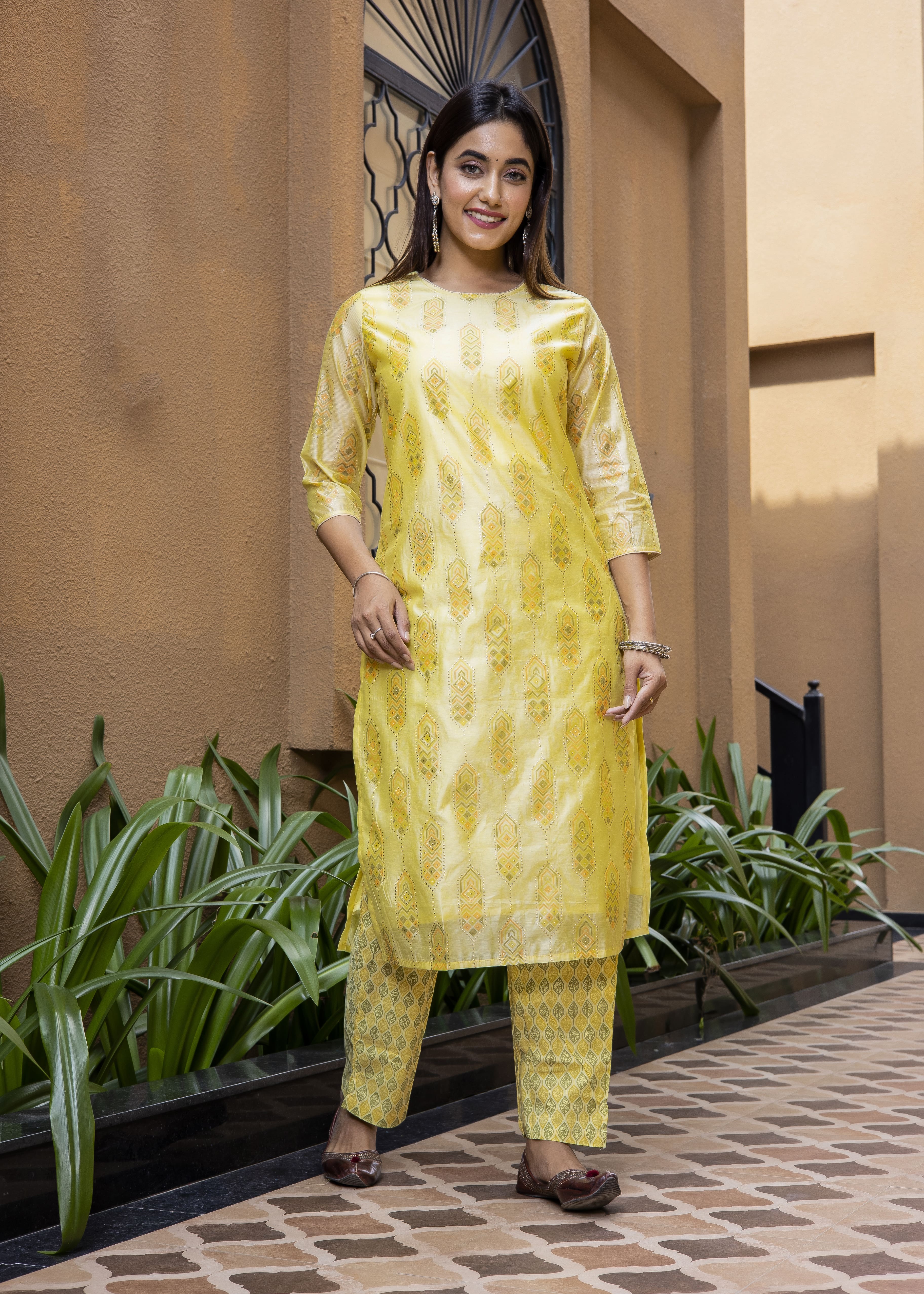 Elegant Yellow Chanderi Blend Kurta Set with Dupatta