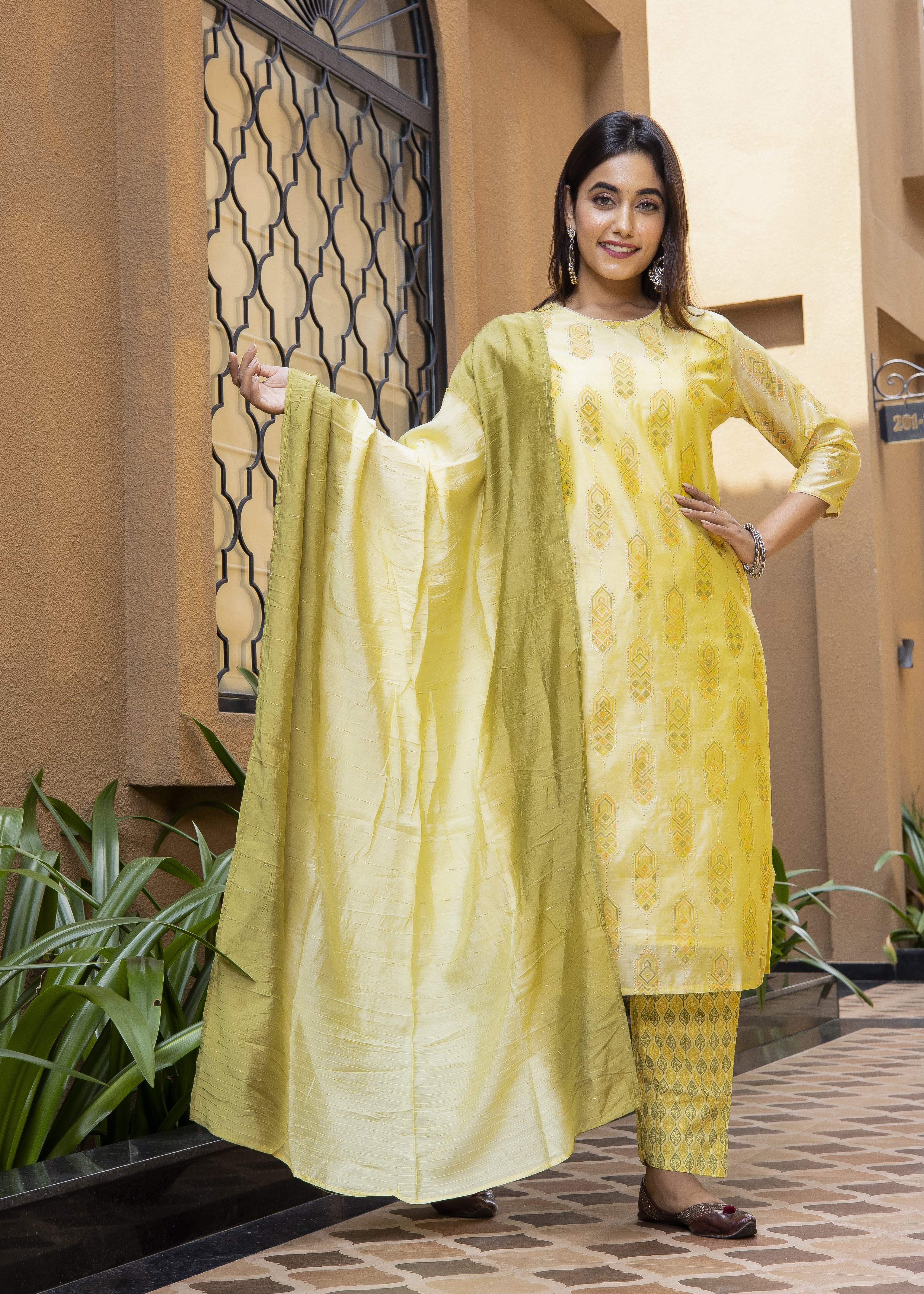 Elegant Yellow Chanderi Blend Kurta Set with Dupatta
