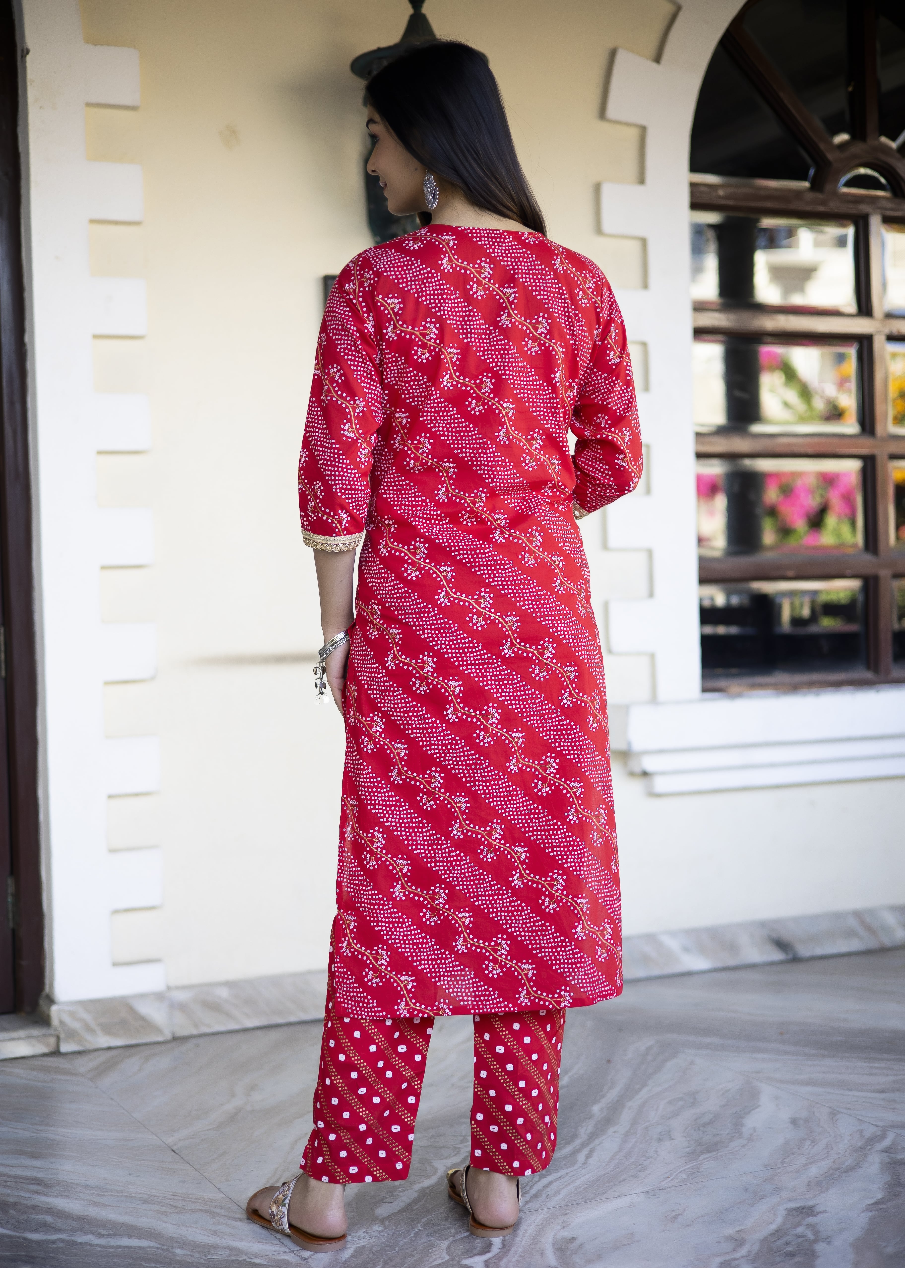 Red Bandhani Cotton Kurta Set with Dupatta