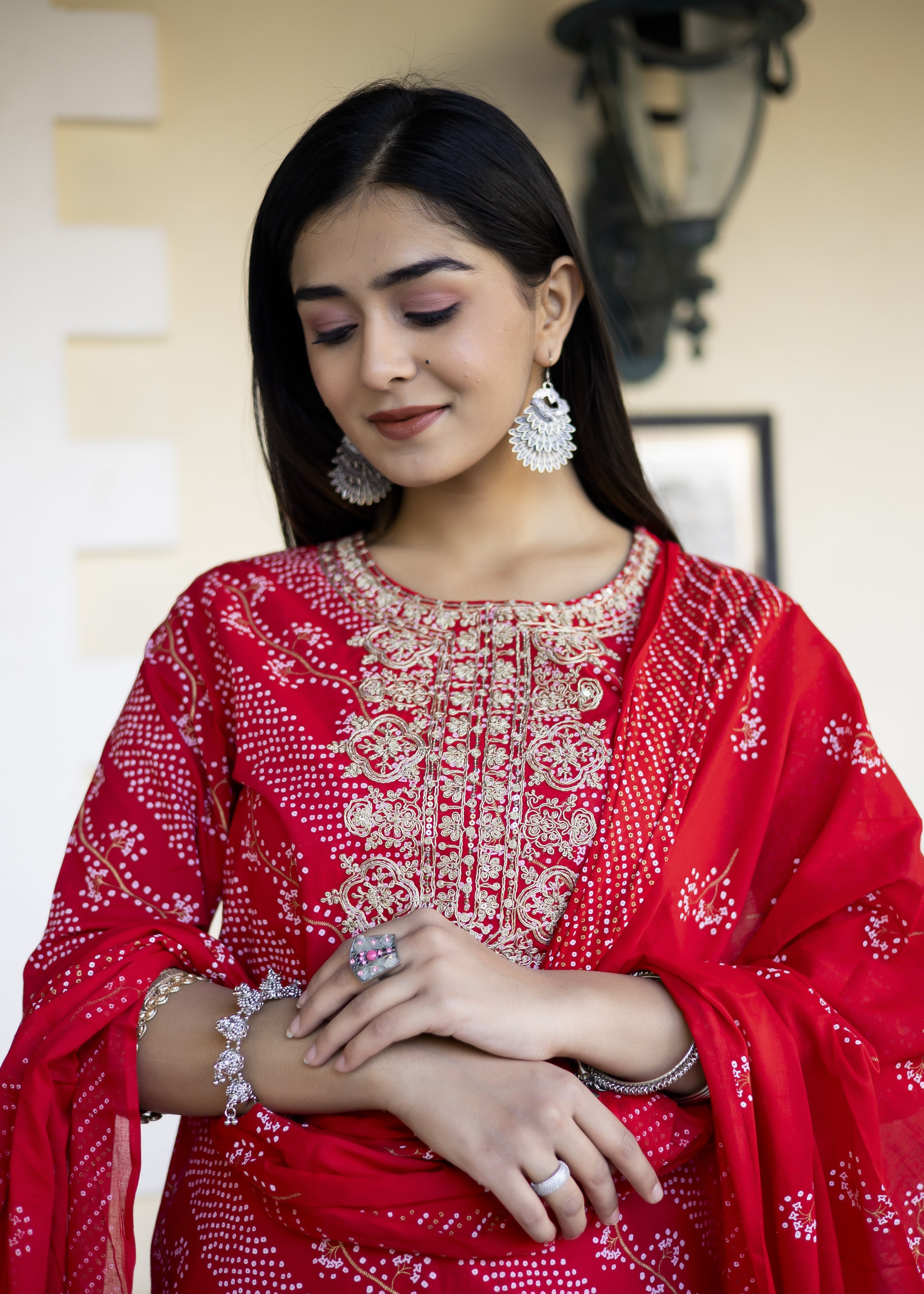 Red Bandhani Cotton Kurta Set with Dupatta