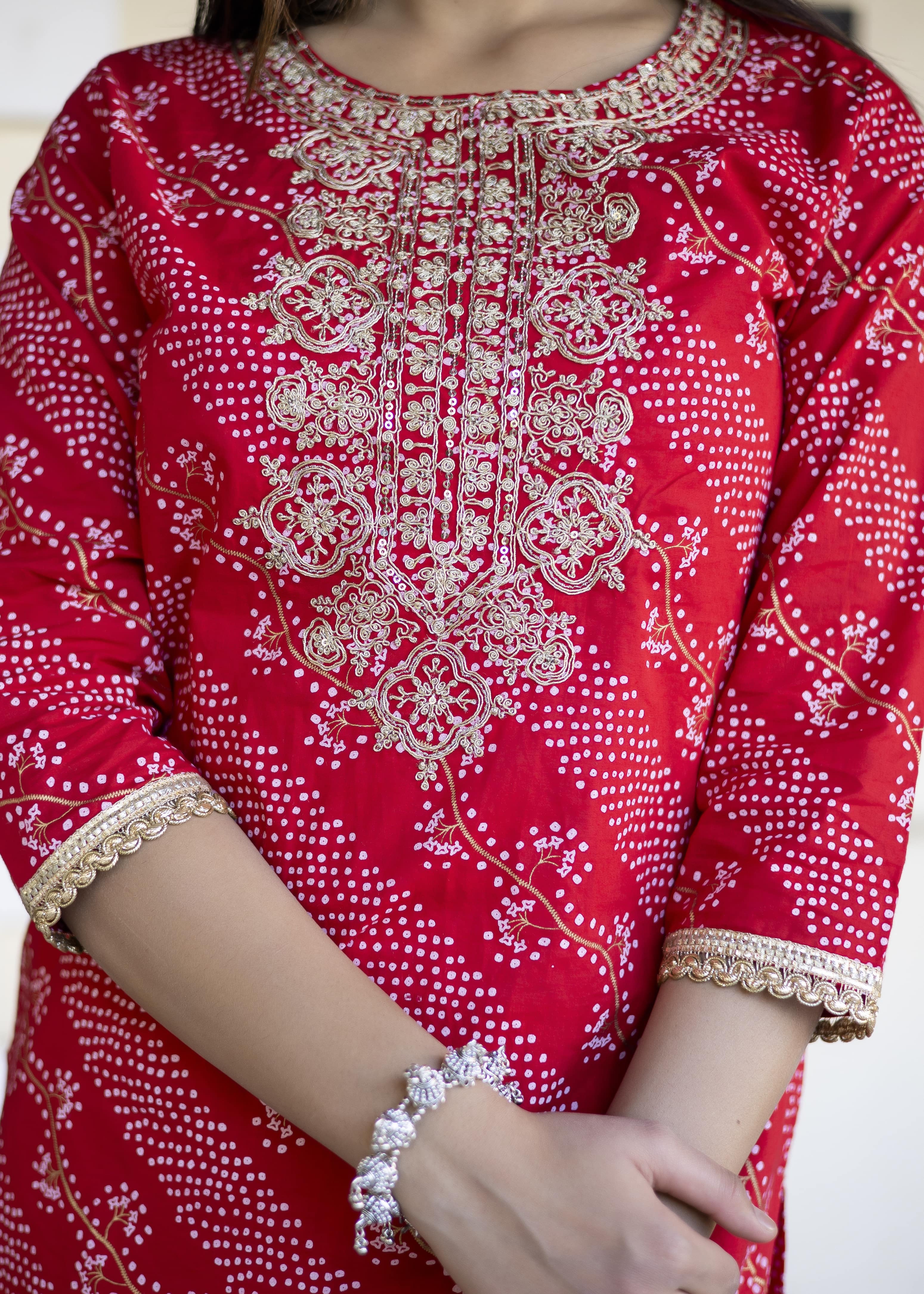 Red Bandhani Cotton Kurta Set with Dupatta