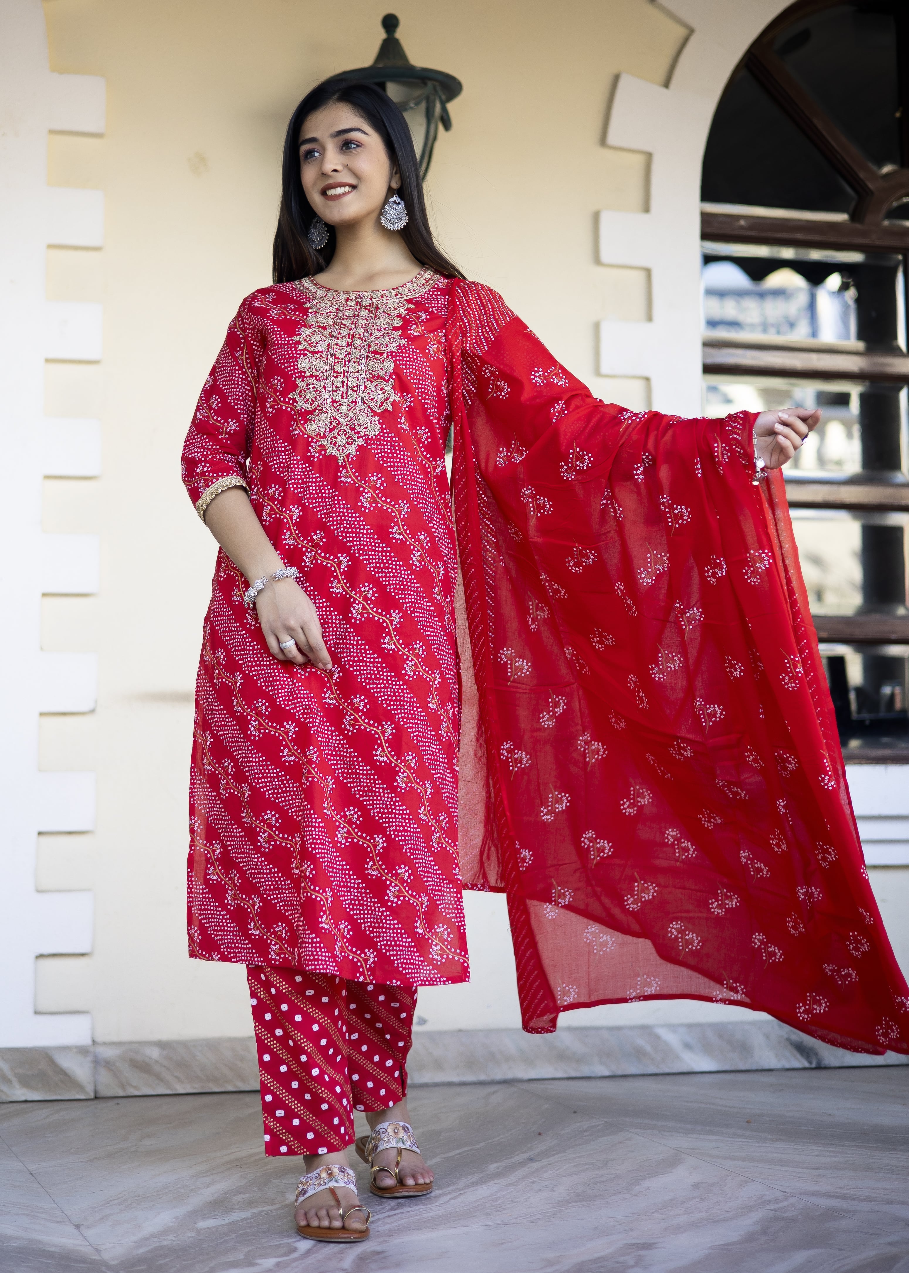 Red Bandhani Cotton Kurta Set with Dupatta