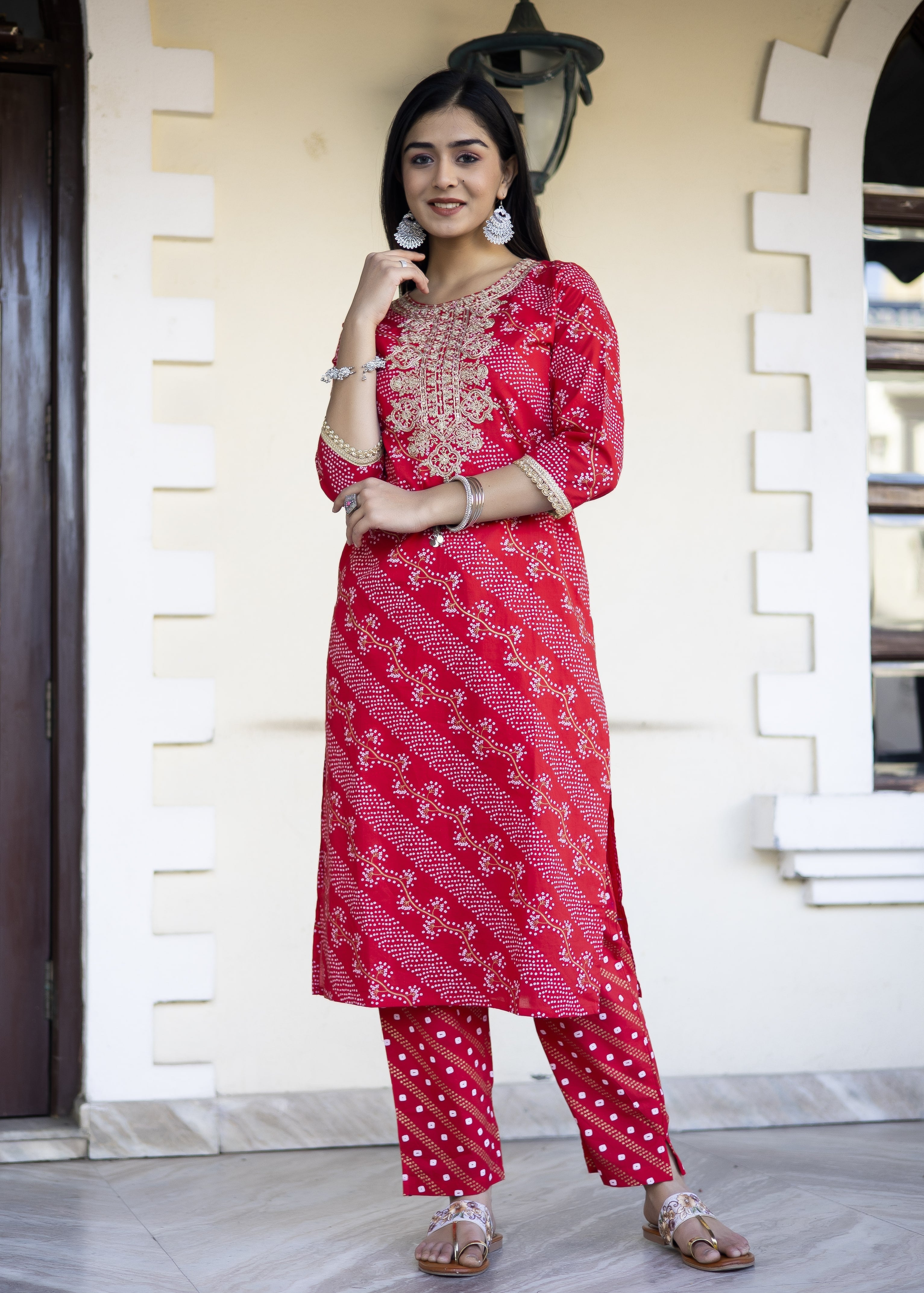 Red Bandhani Cotton Kurta Set with Dupatta