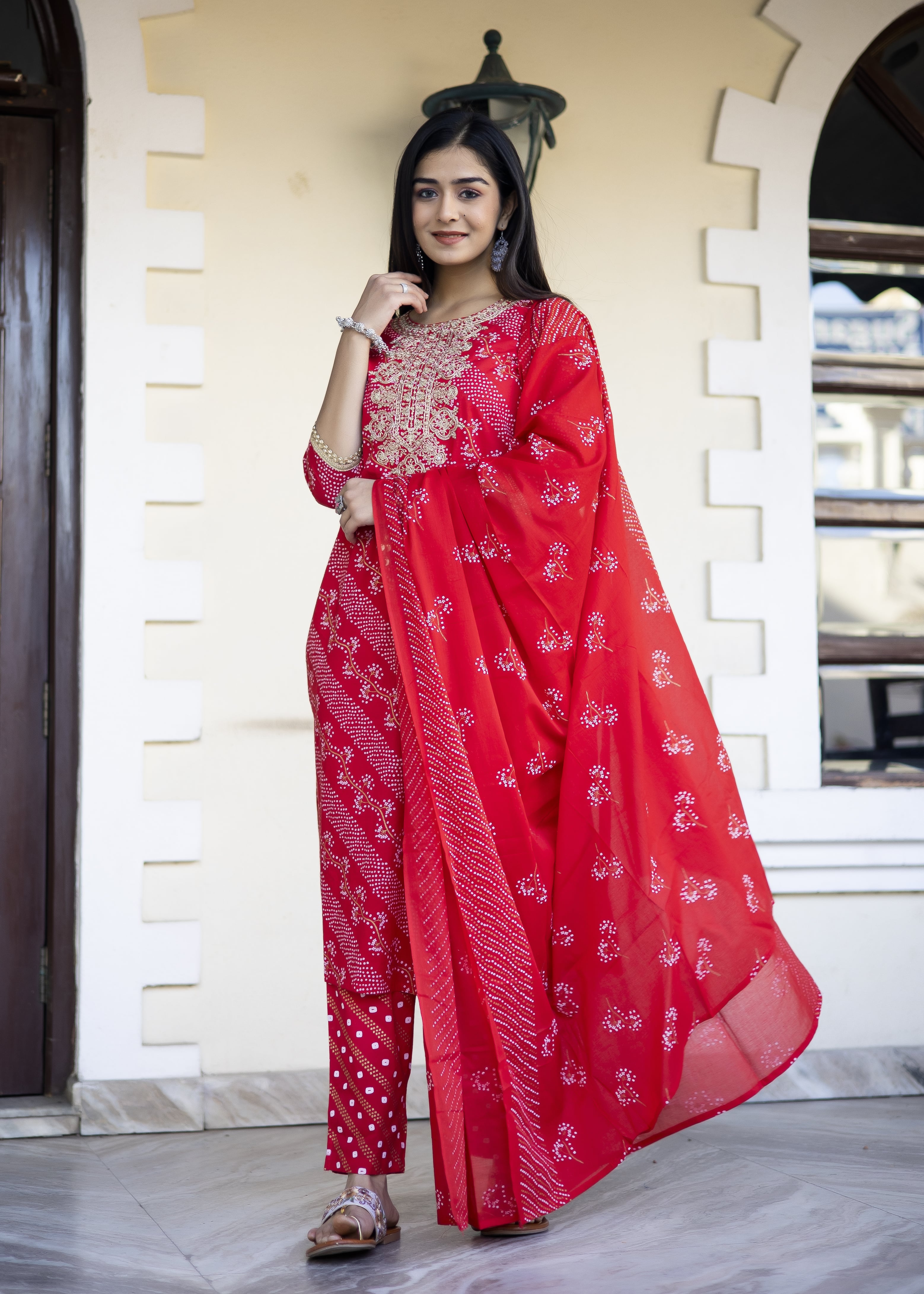 Red Bandhani Cotton Kurta Set with Dupatta