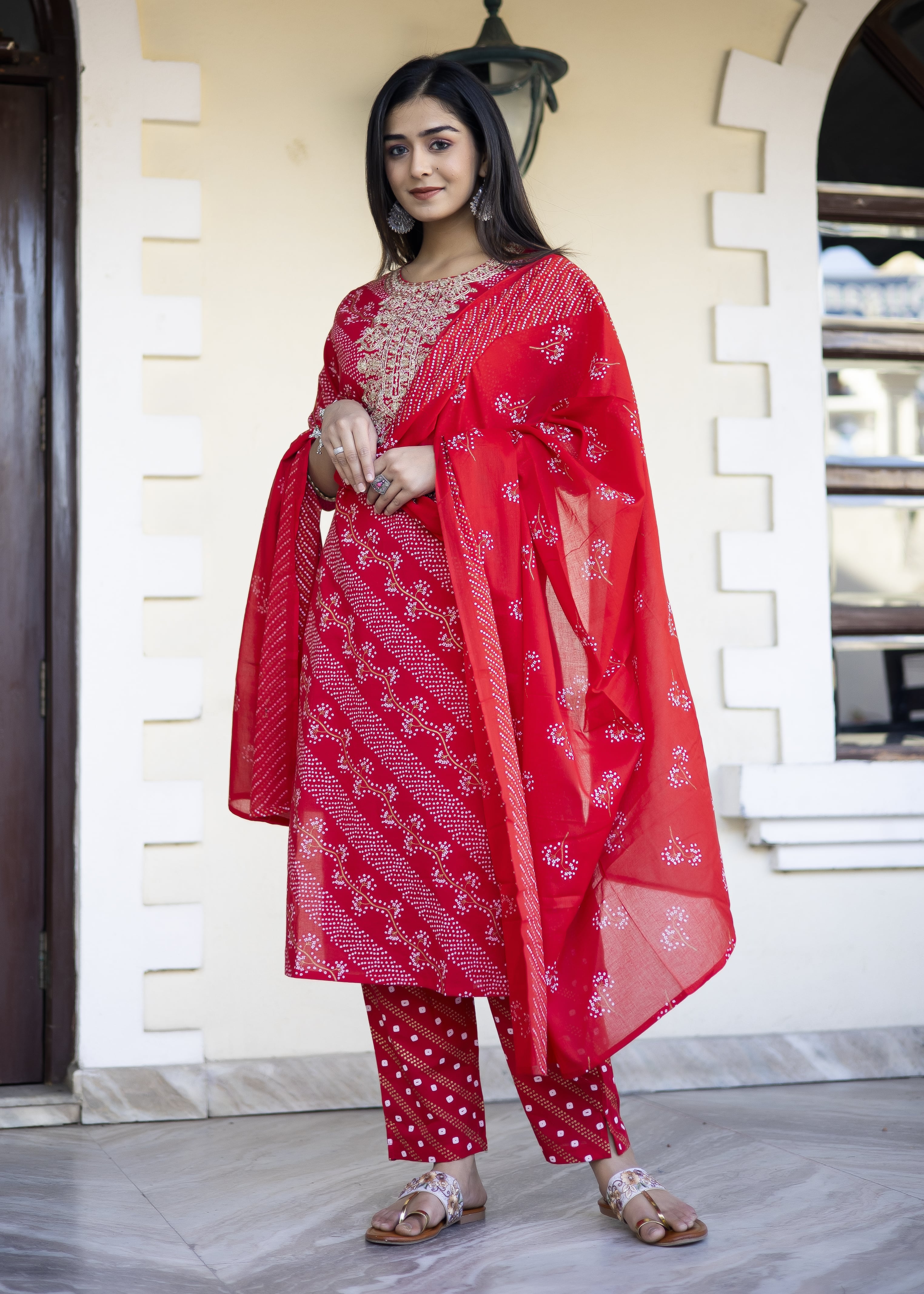 Red Bandhani Cotton Kurta Set with Dupatta