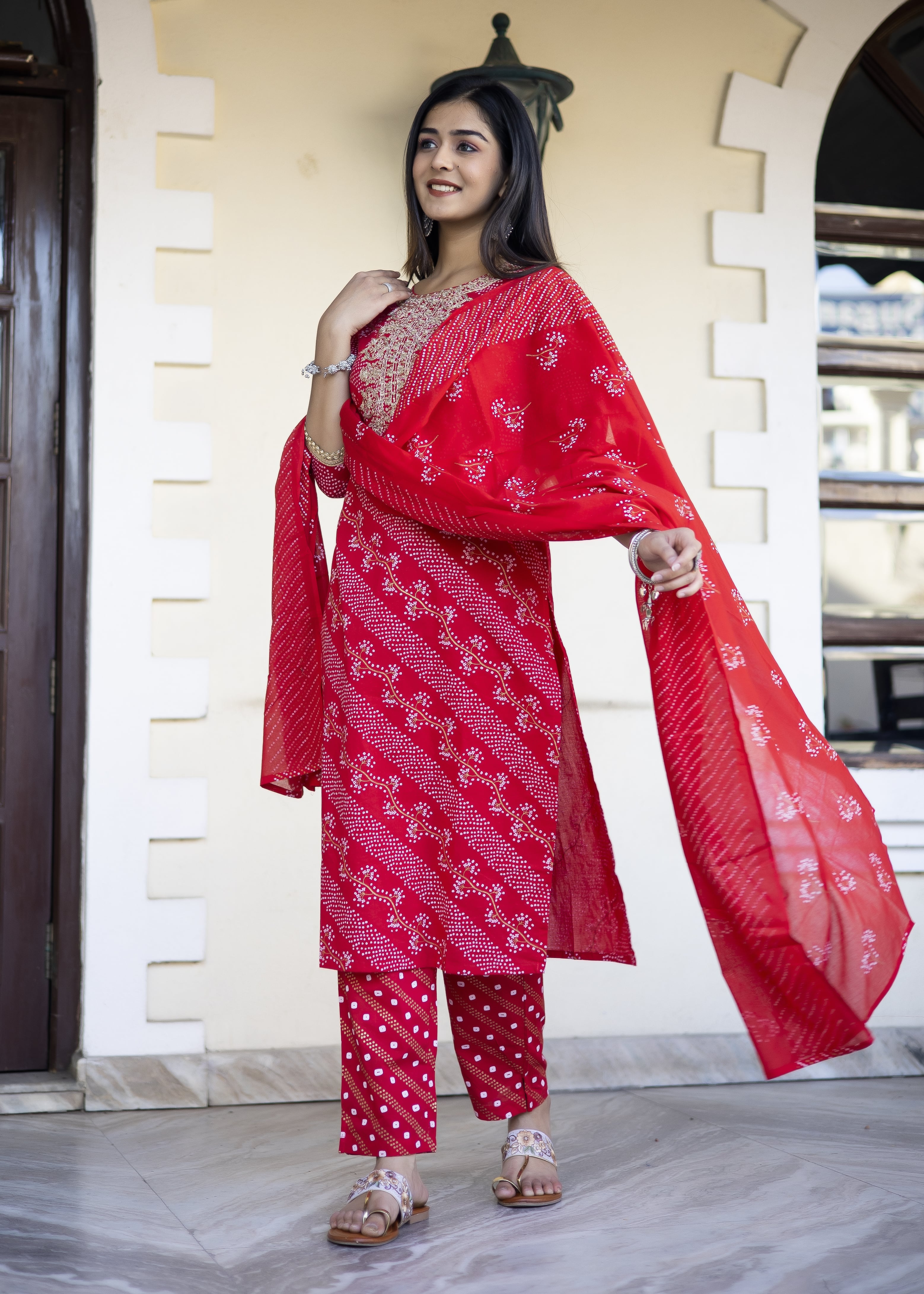 Red Bandhani Cotton Kurta Set with Dupatta