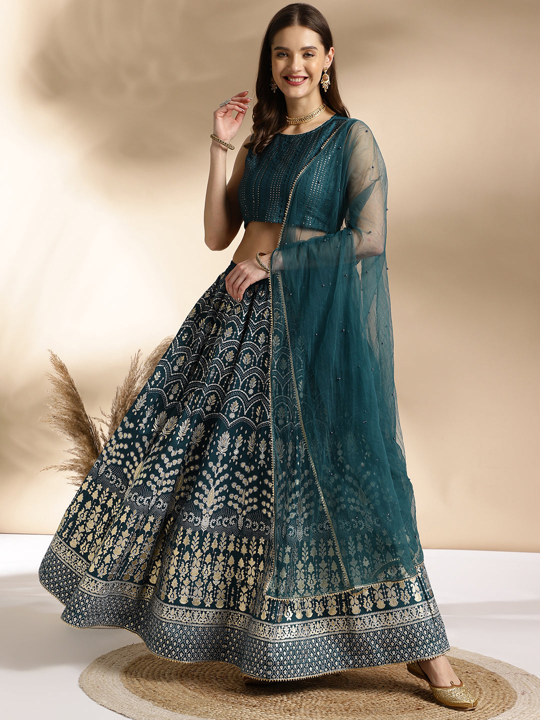 Teal Green Silk Blend Lehenga Choli with Net Dupatta