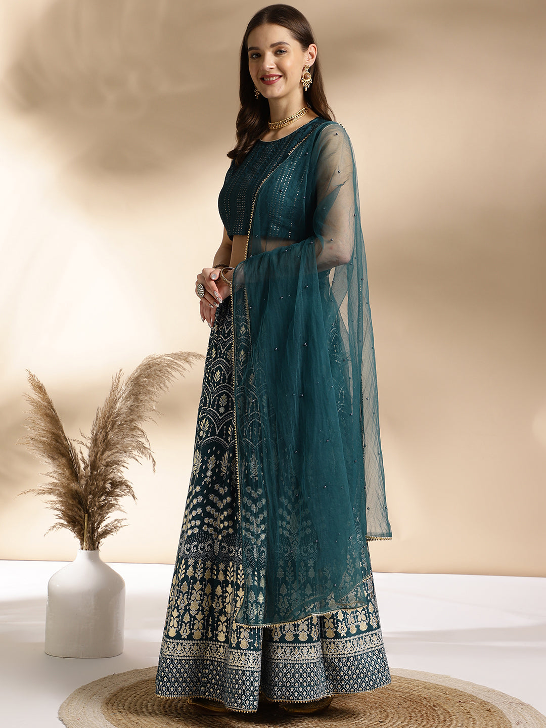Teal Green Silk Blend Lehenga Choli with Net Dupatta