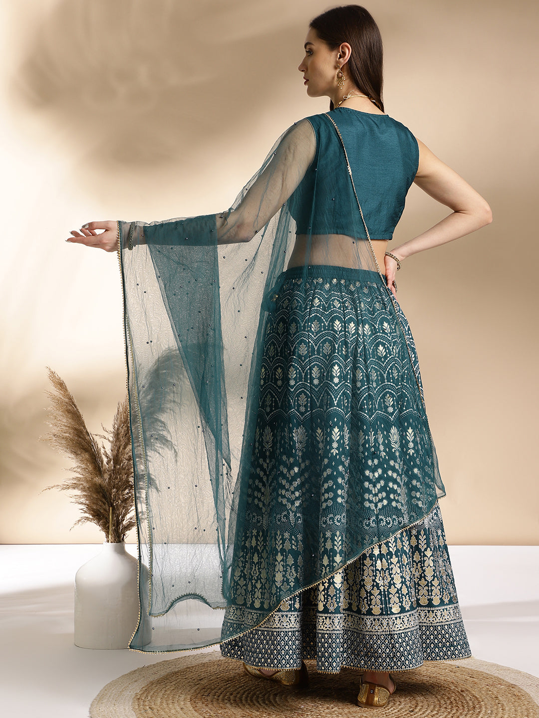 Teal Green Silk Blend Lehenga Choli with Net Dupatta